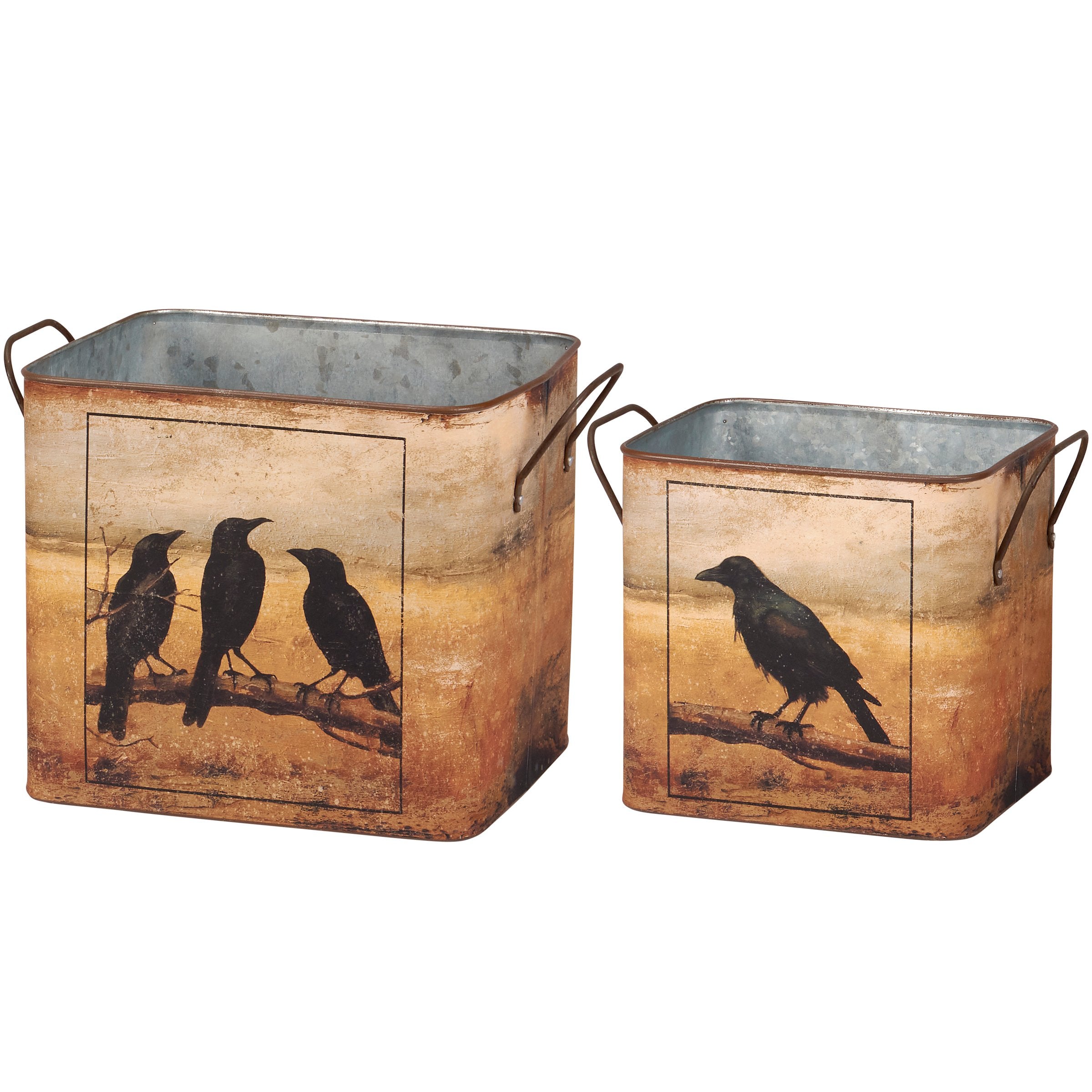 Rustic Raven Halloween Decorative Metal Bin Set - Double-Sided Fall Decor