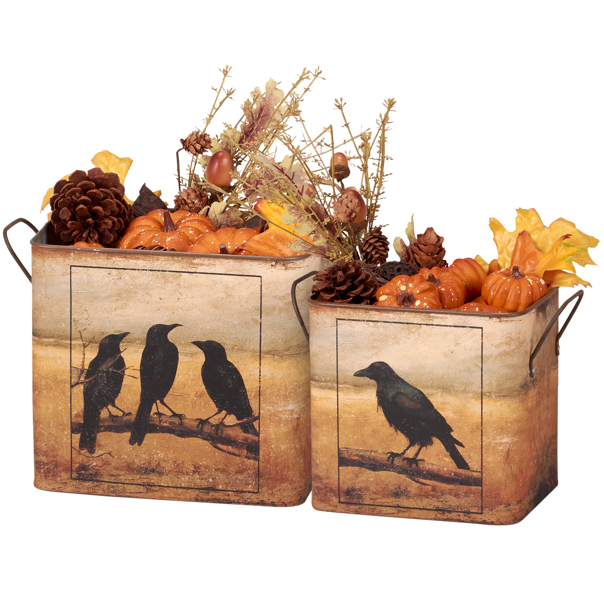 Rustic Raven Halloween Decorative Metal Bin Set - Double-Sided Fall Decor