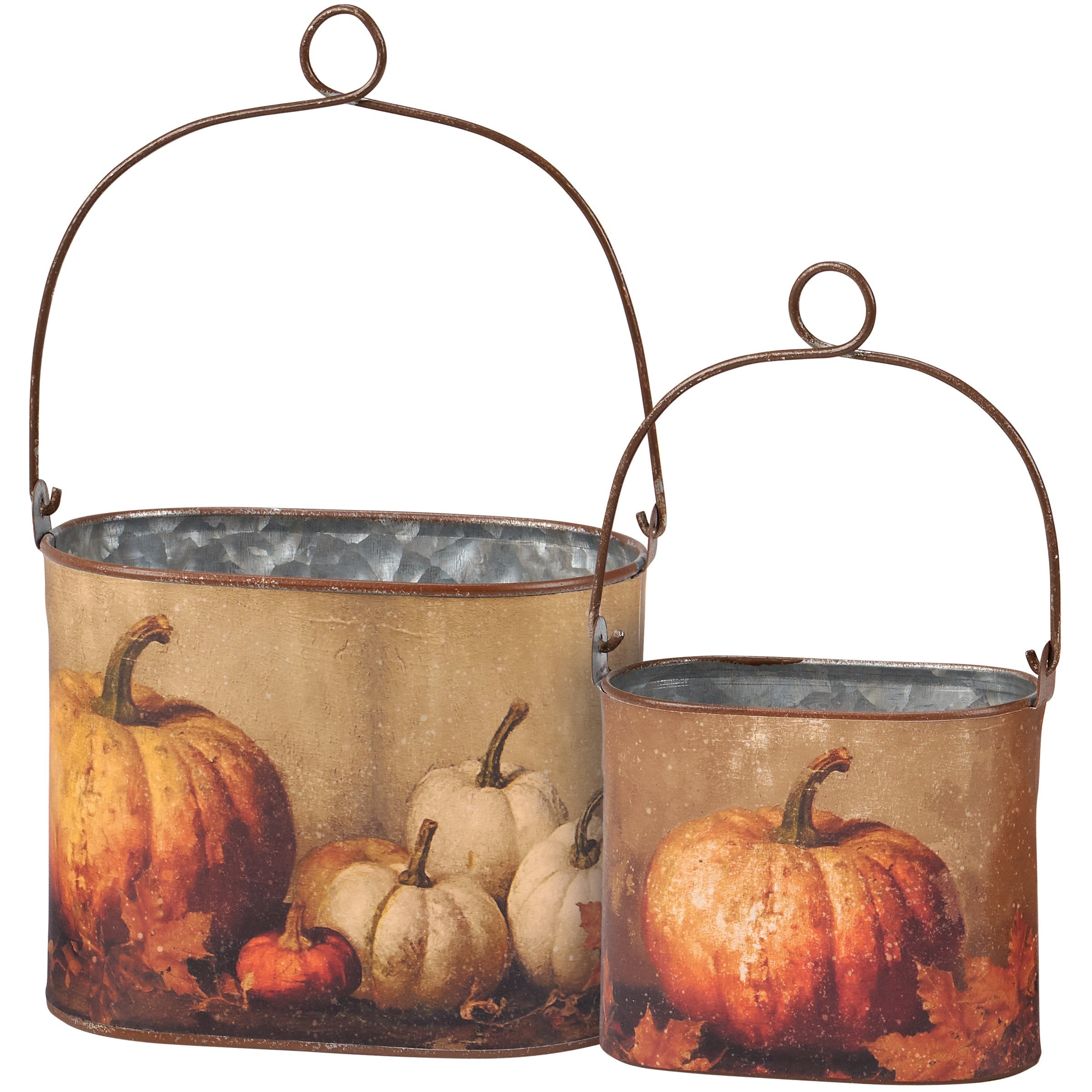 Charming Rustic Galvanized Metal Pumpkin Still Life Decorative Storage Bin Set