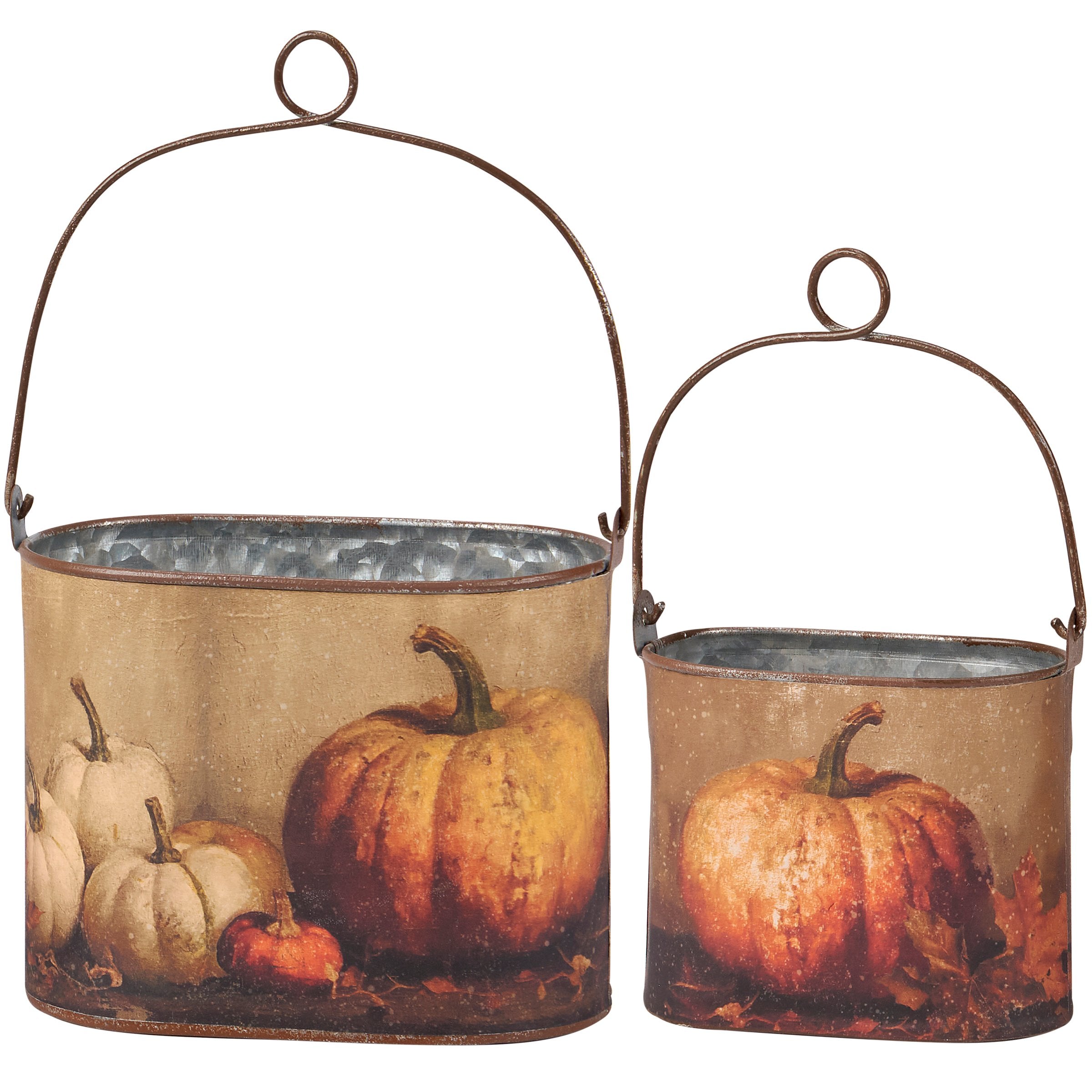 Charming Rustic Galvanized Metal Pumpkin Still Life Decorative Storage Bin Set