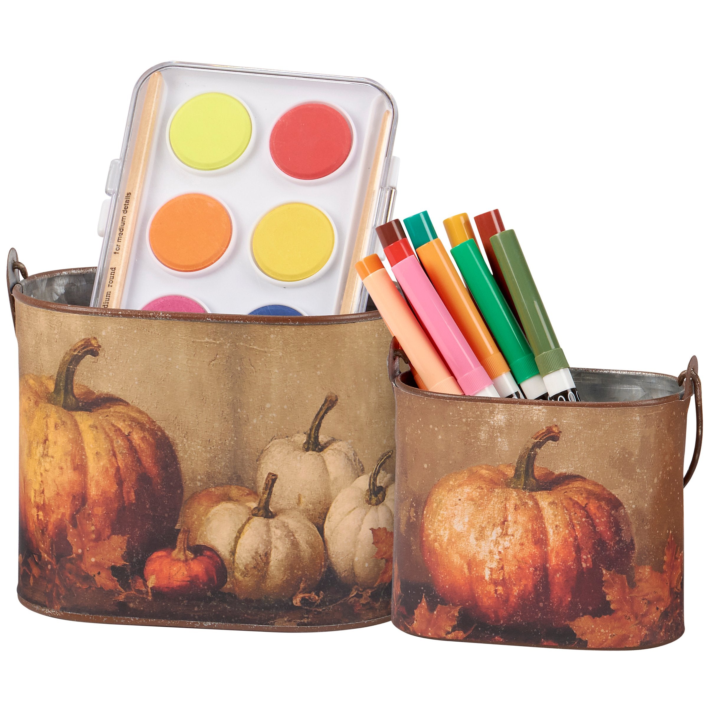 Charming Rustic Galvanized Metal Pumpkin Still Life Decorative Storage Bin Set