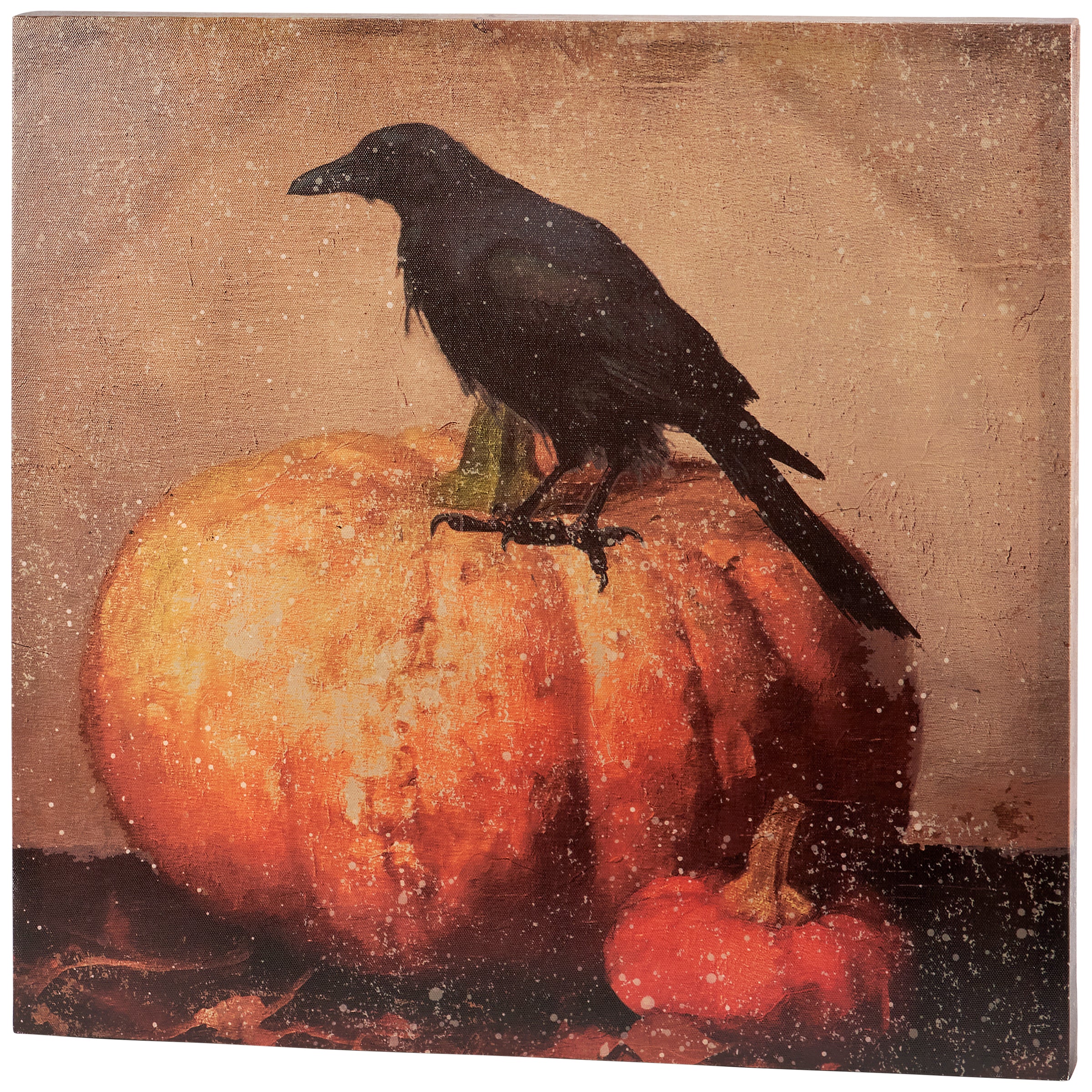 Rustic Raven on Pumpkin Canvas Wall Art - Distressed Fall Halloween Home Decor