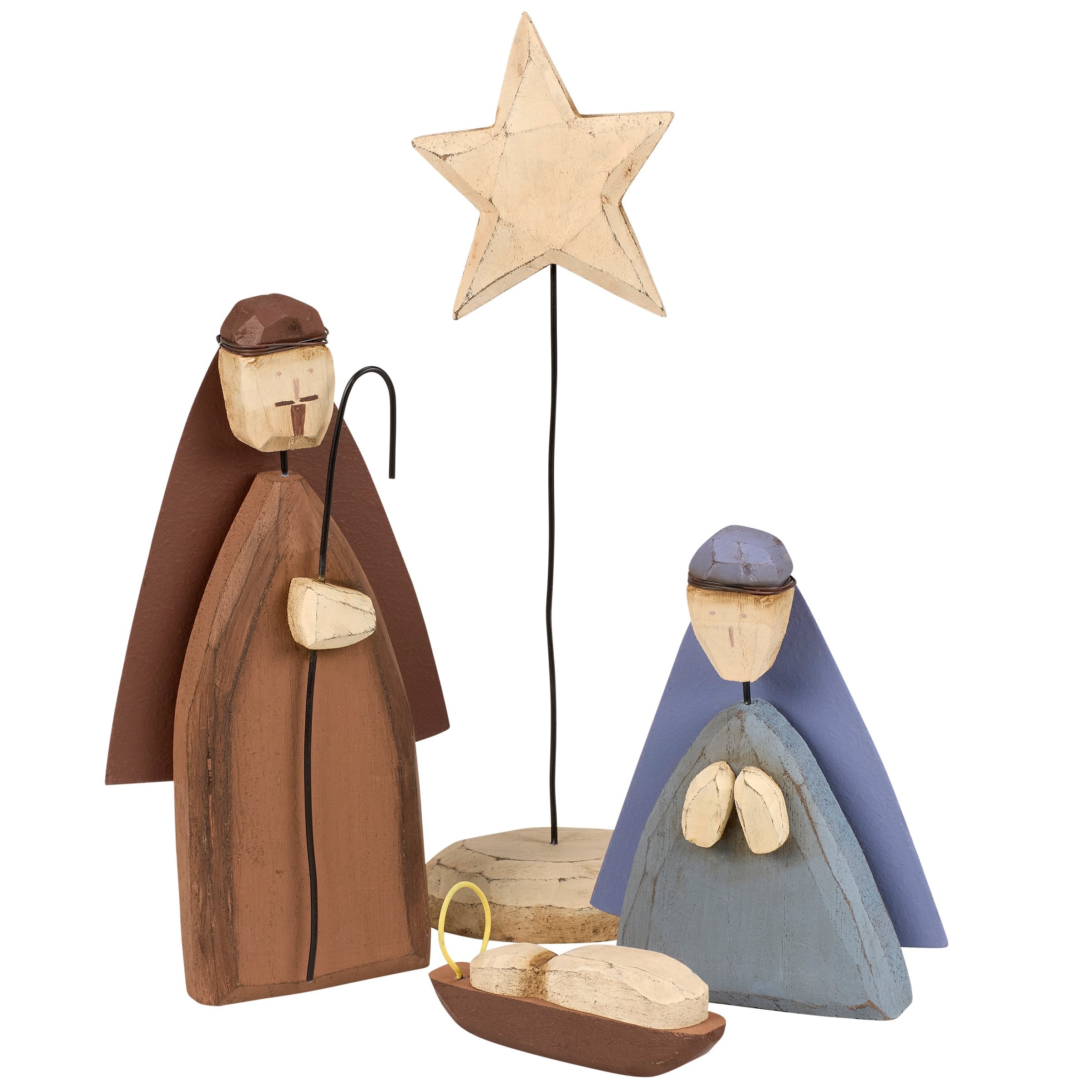 Rustic Holy Family Nativity Sitter Set - Hand Carved Wood & Metal Accent Decor