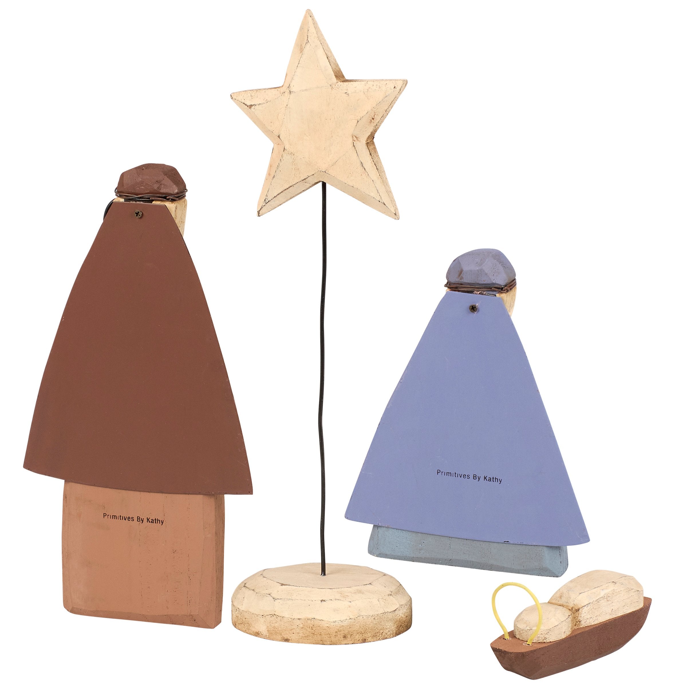 Rustic Holy Family Nativity Sitter Set - Hand Carved Wood & Metal Accent Decor