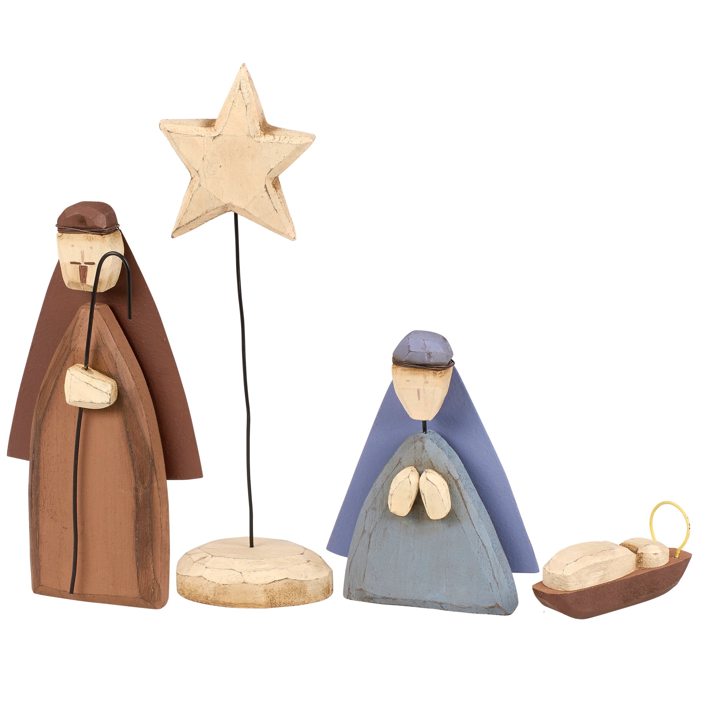 Rustic Holy Family Nativity Sitter Set - Hand Carved Wood & Metal Accent Decor