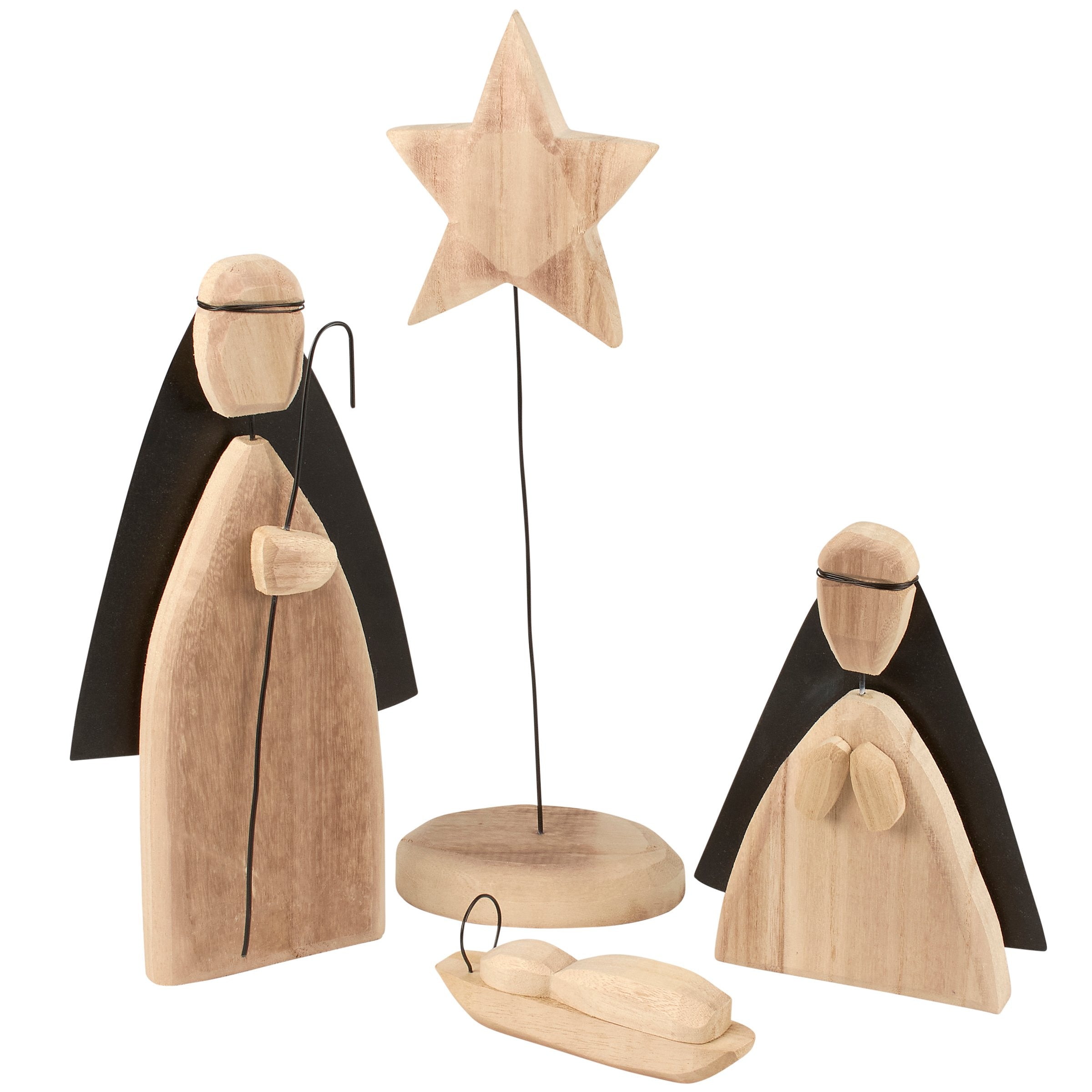 Rustic Carved Holy Family Nativity Sitter Set Wood Metal Wire Christmas Decor