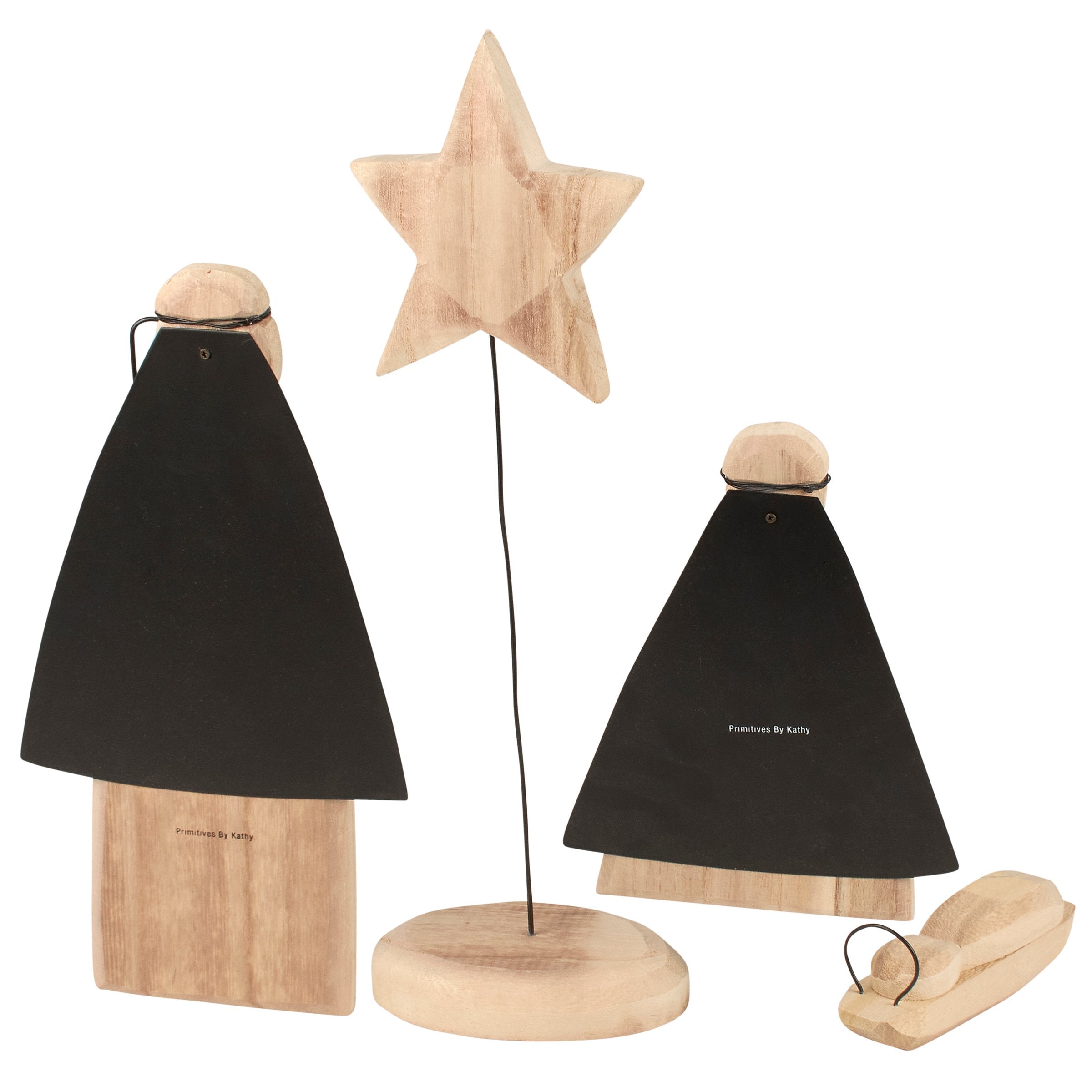 Rustic Carved Holy Family Nativity Sitter Set Wood Metal Wire Christmas Decor