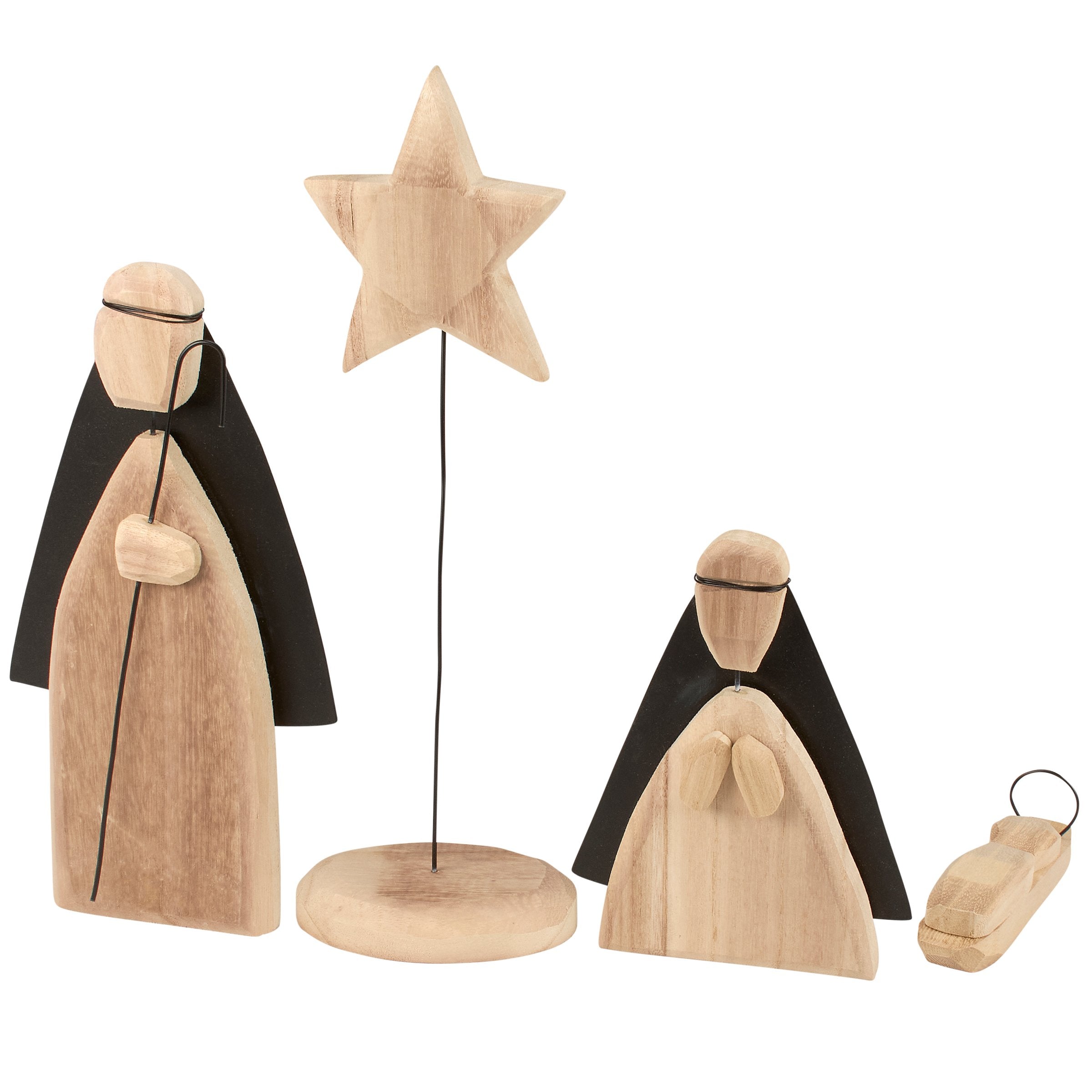Rustic Carved Holy Family Nativity Sitter Set Wood Metal Wire Christmas Decor