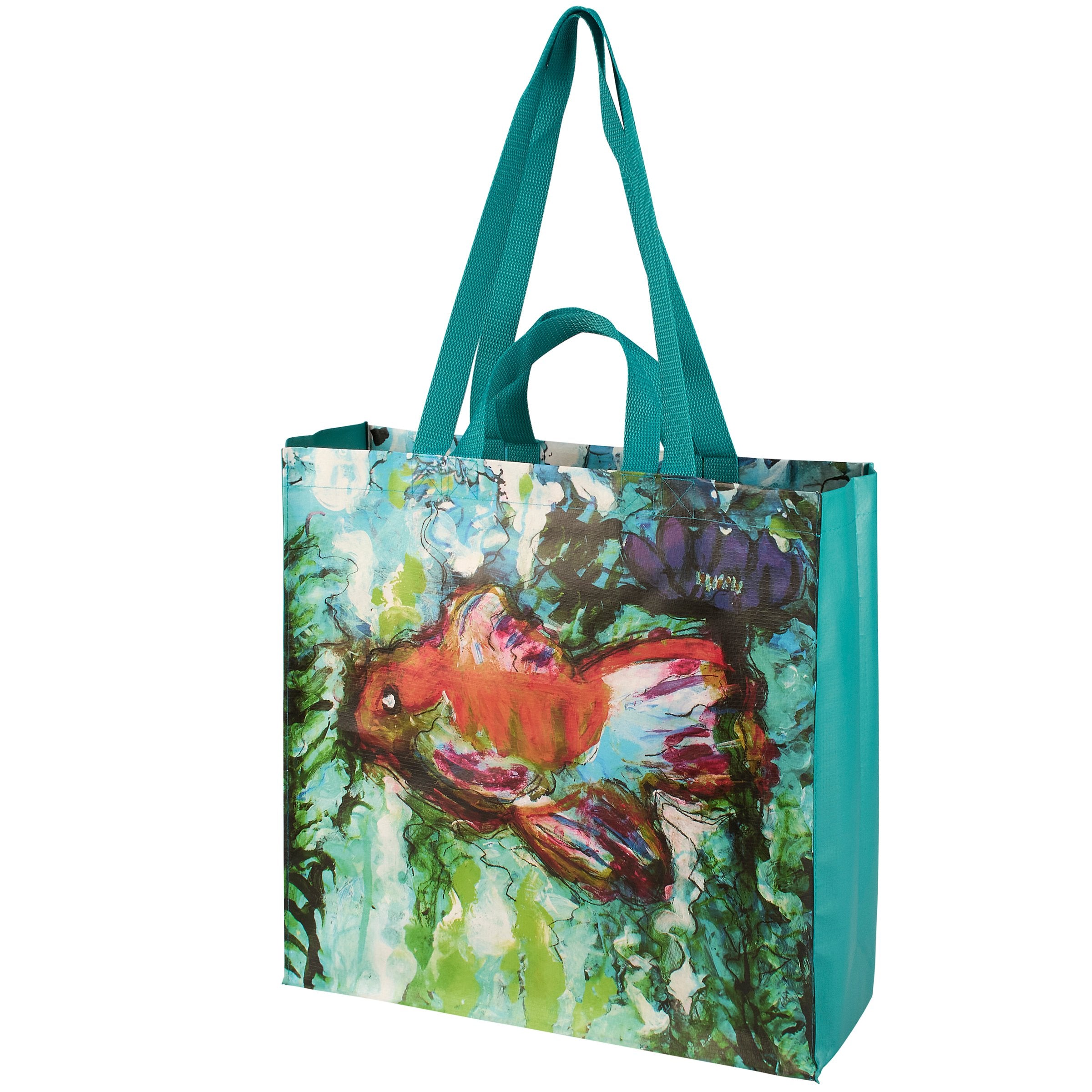 Artistic Goldfish Reusable Market Tote Bag: Eco-Friendly, Double-Sided, Teal Straps