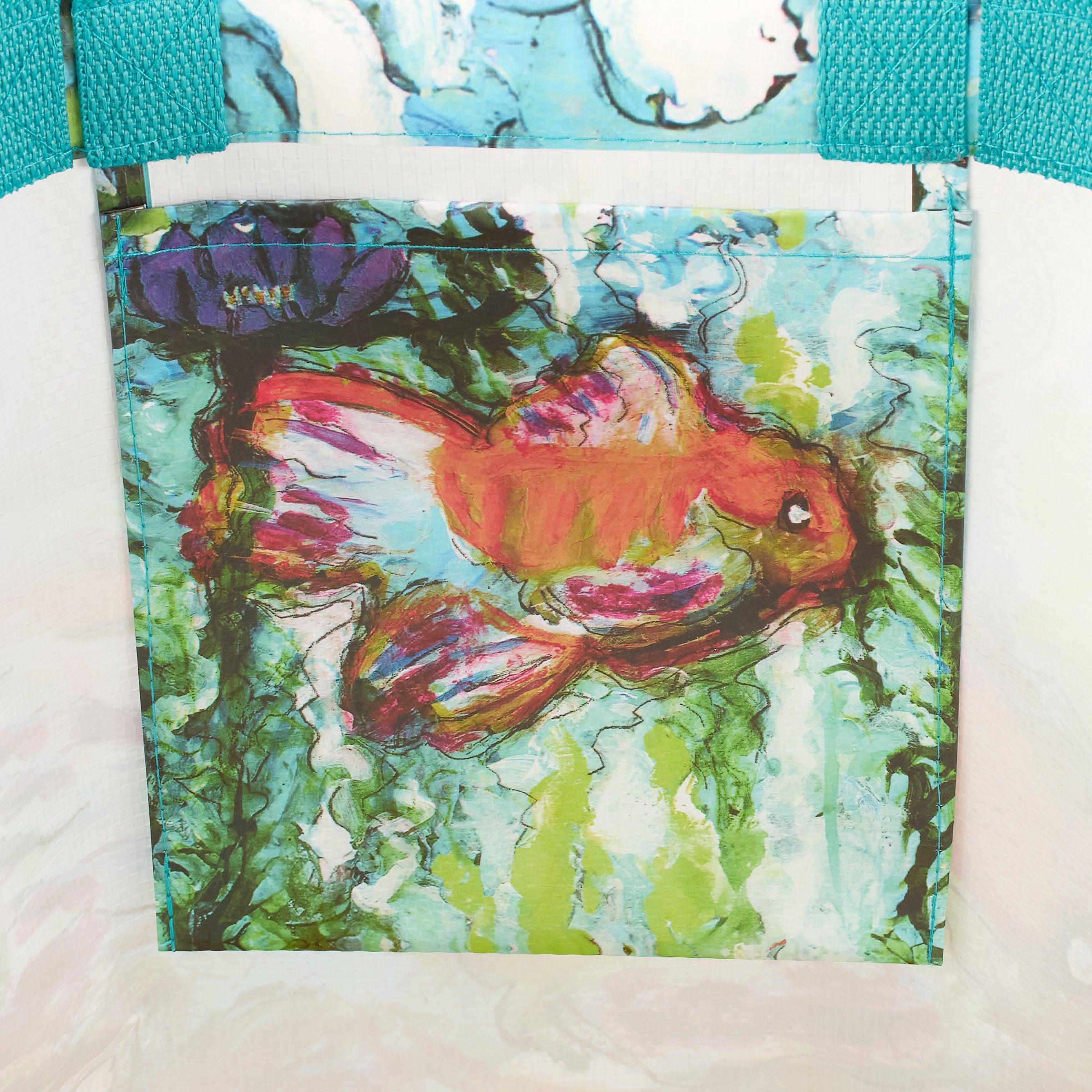 Artistic Goldfish Reusable Market Tote Bag: Eco-Friendly, Double-Sided, Teal Straps