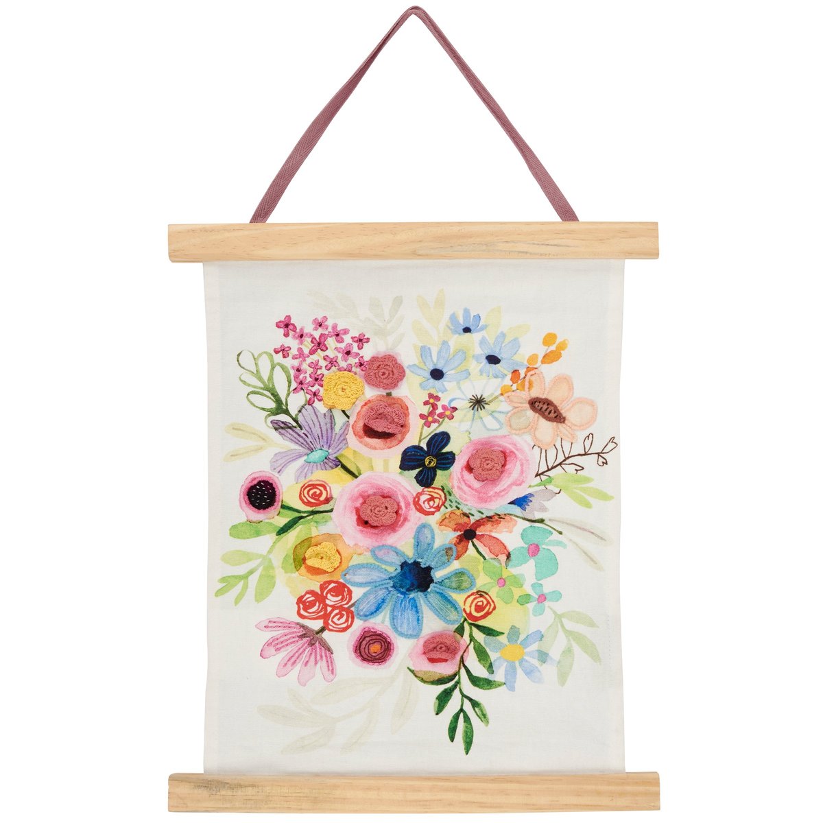 Vibrant Hand-Illustrated Floral Bouquet Canvas Wall Decor with Wooden Hangers