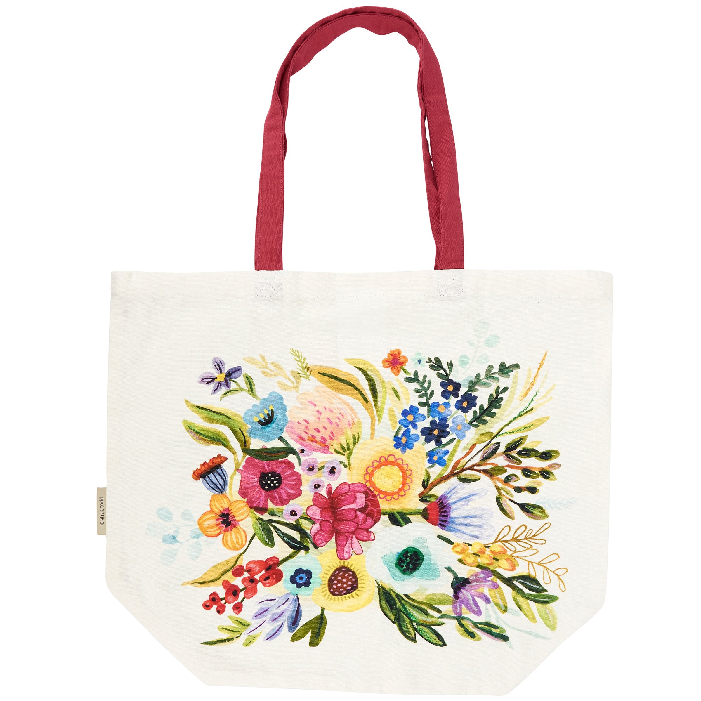 Vibrant Double-Sided Cotton Floral Tote Bag with Knit Accents & Pink Straps