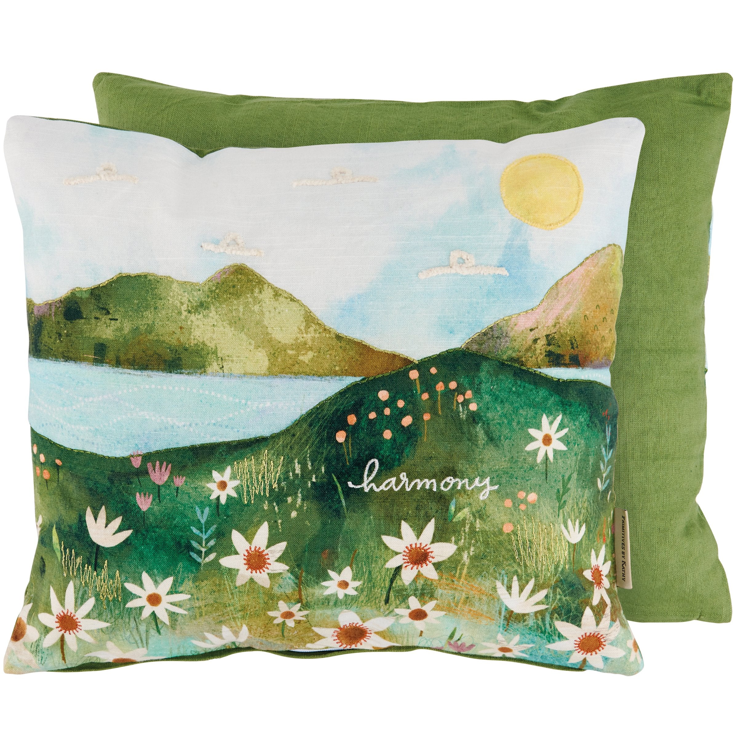 Harmony Lake Landscape Cotton Pillow with Embroidered Sentiment for Cozy Home Decor