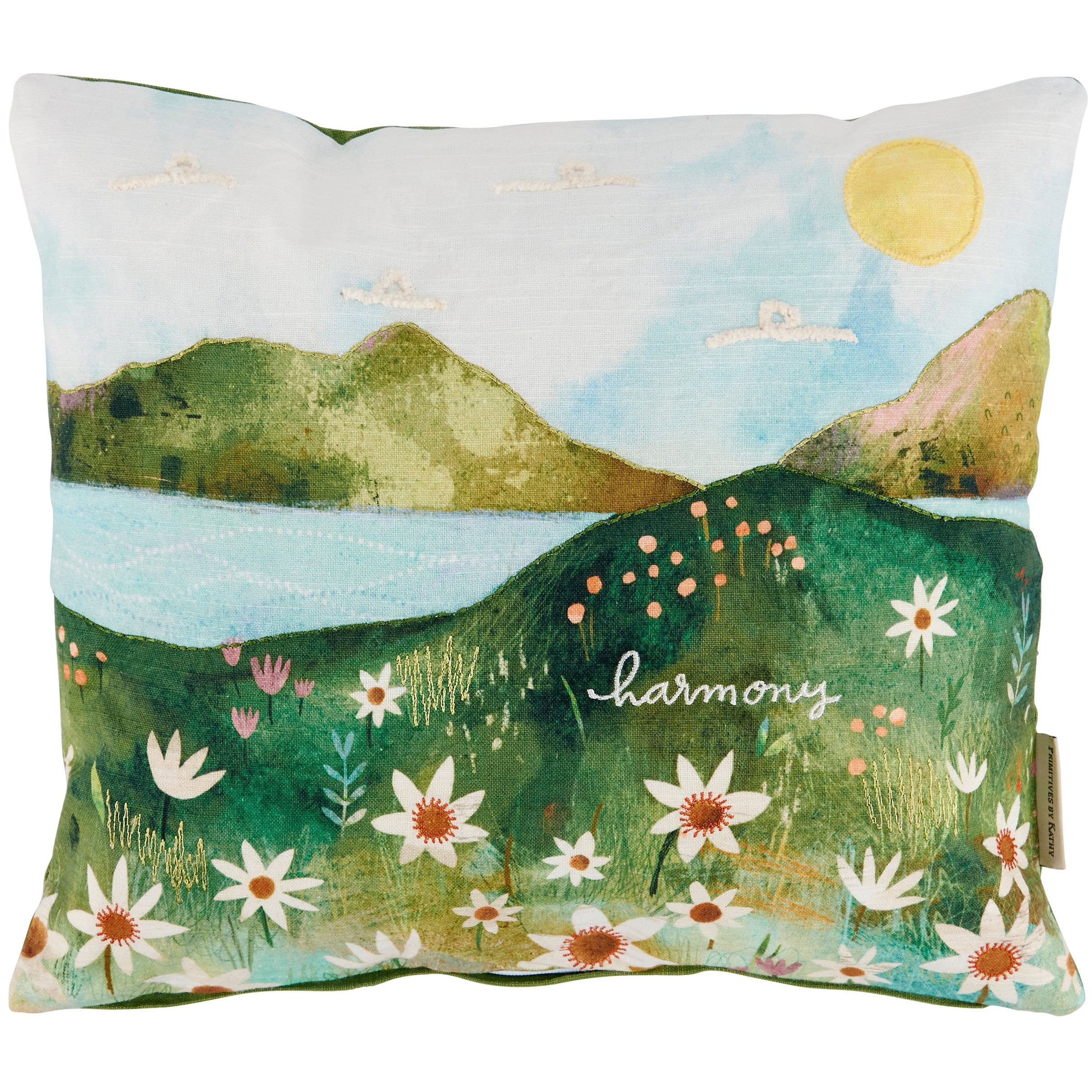 Harmony Lake Landscape Cotton Pillow with Embroidered Sentiment for Cozy Home Decor