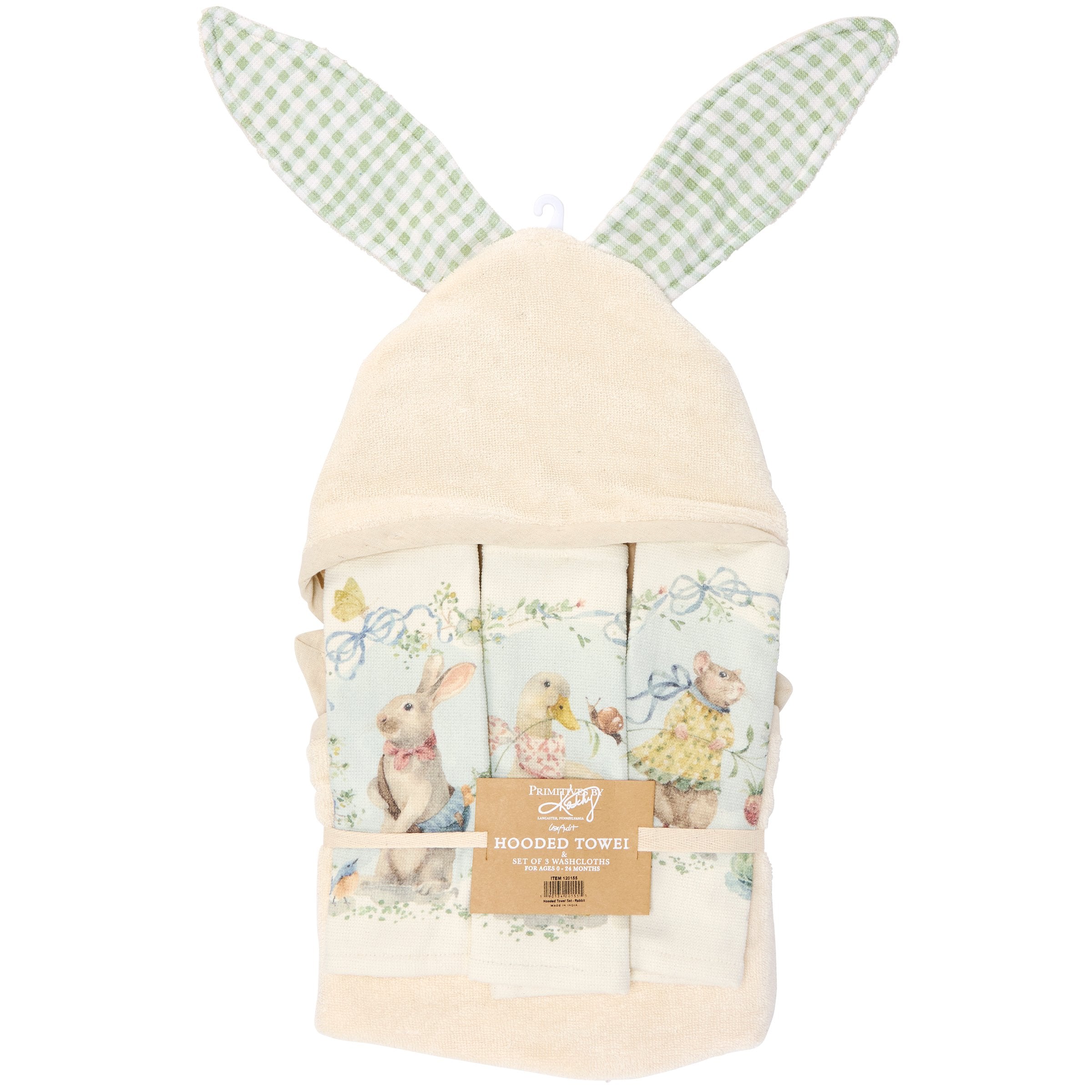 Cute Garden Friends Hooded Baby Bath Towel Set with Washcloths & Bunny Ears