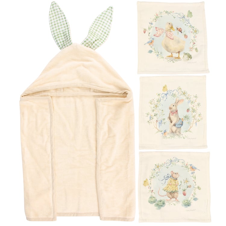 Cute Garden Friends Hooded Baby Bath Towel Set with Washcloths & Bunny Ears