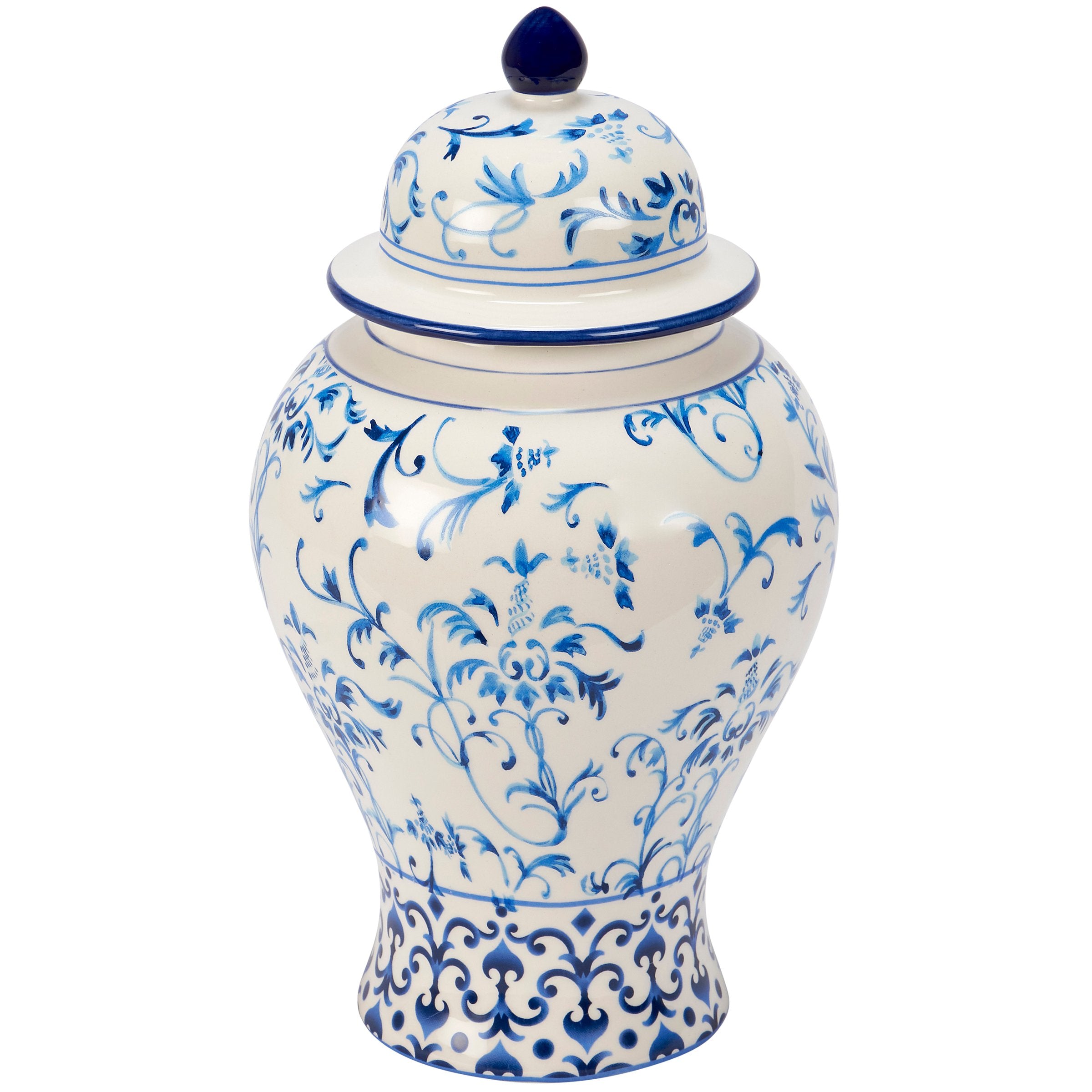 Large Indigo Chinoiserie Floral Ceramic Temple Jar with Lid Decorative Accent