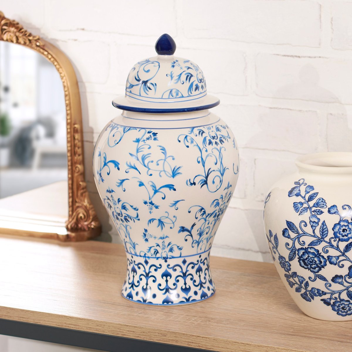 Large Indigo Chinoiserie Floral Ceramic Temple Jar with Lid Decorative Accent