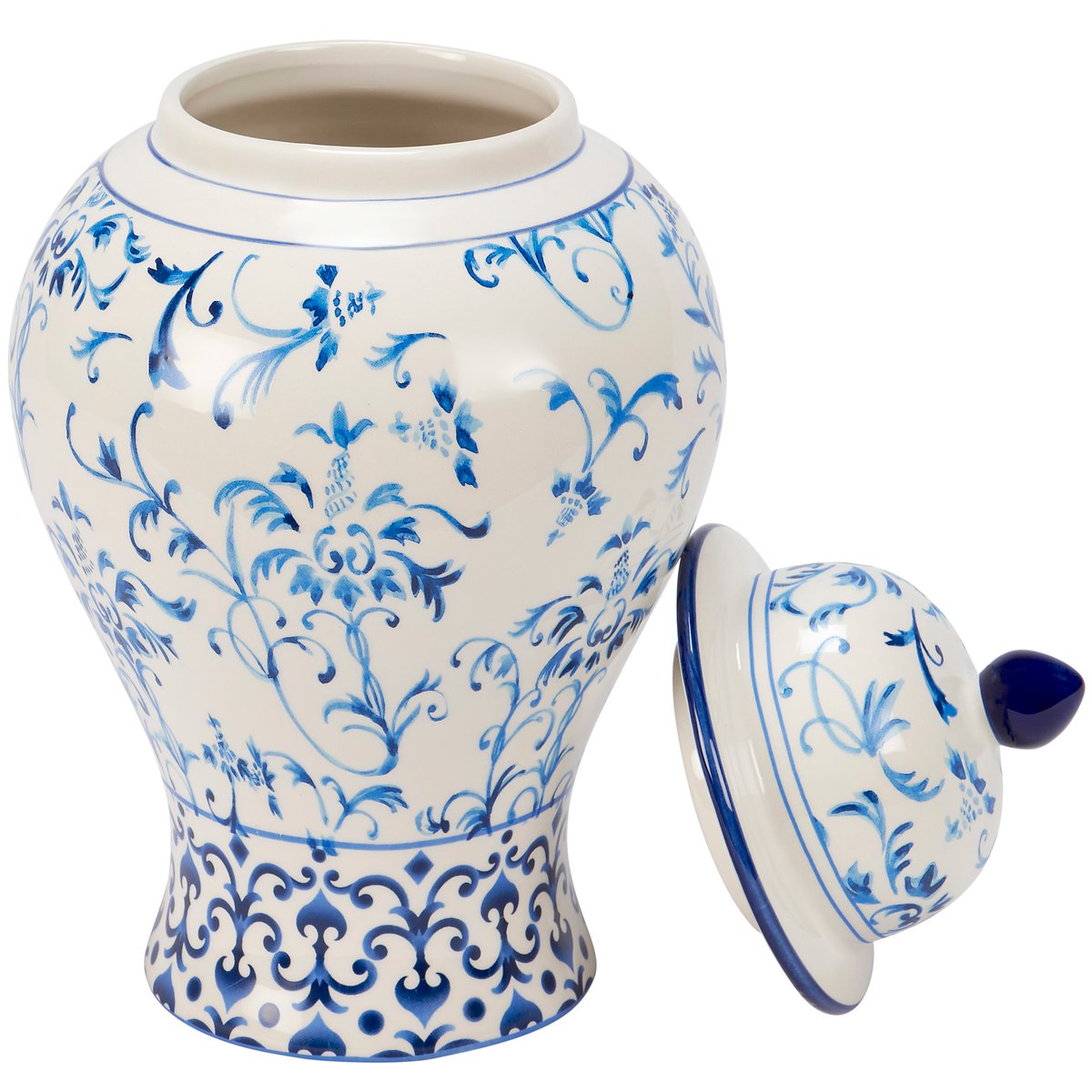 Large Indigo Chinoiserie Floral Ceramic Temple Jar with Lid Decorative Accent