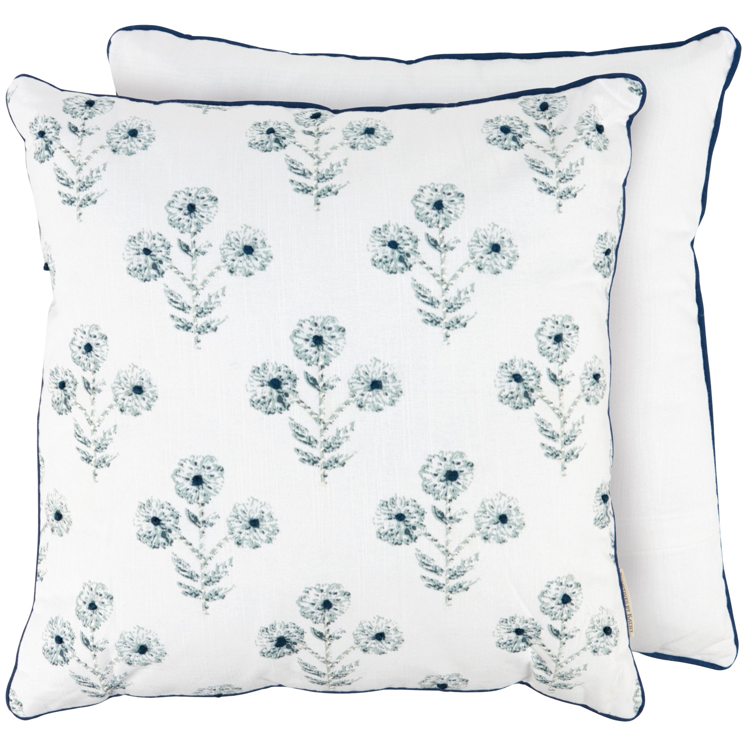 Elegant Indigo Floral Cotton Pillow with Embroidered Chinoiserie Pattern, Zippered Cover