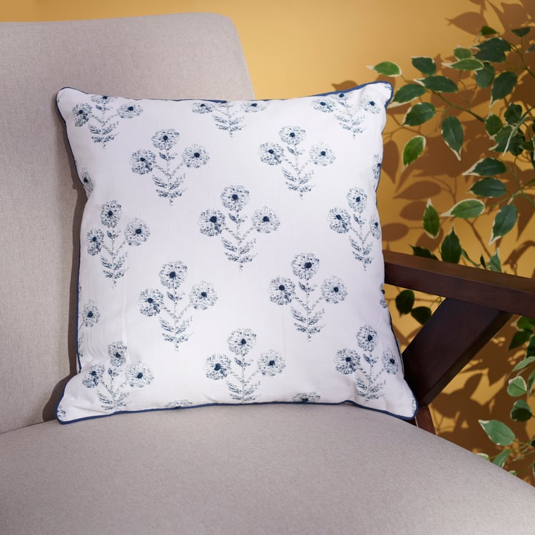 Elegant Indigo Floral Cotton Pillow with Embroidered Chinoiserie Pattern, Zippered Cover