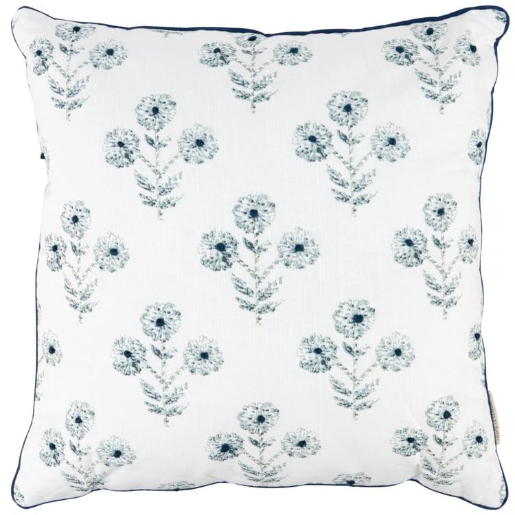 Elegant Indigo Floral Cotton Pillow with Embroidered Chinoiserie Pattern, Zippered Cover