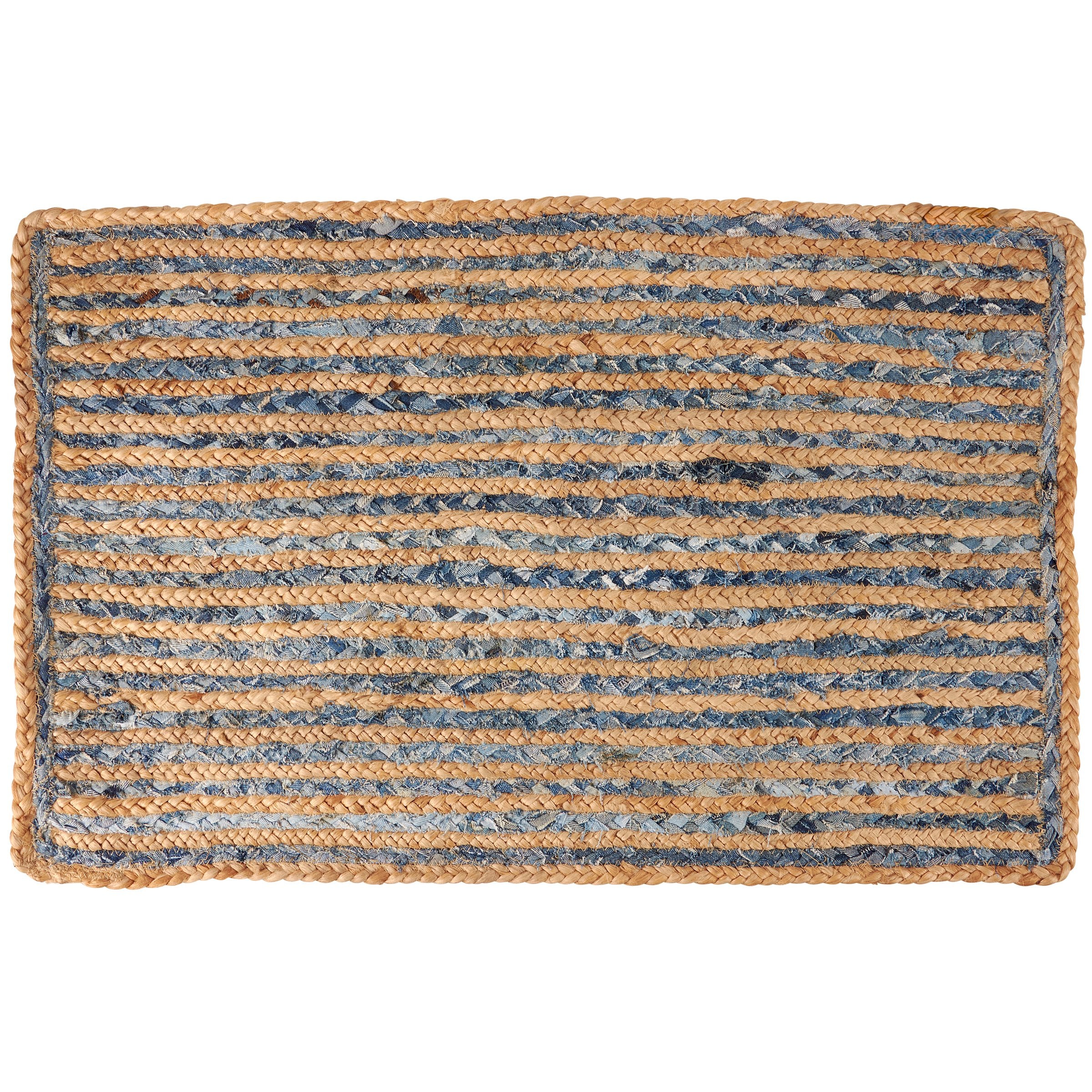 Handmade Braided Jute Indigo Striped Indoor/Outdoor Area Rug with Skid-Resistant Backing