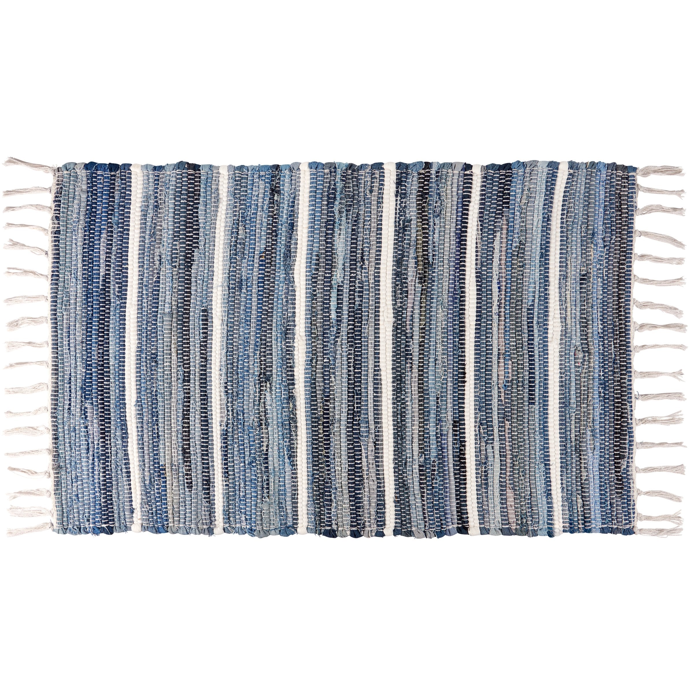 Stylish Striped Indigo Cotton Woven Area Rug with Tassels, Indoor/Outdoor, Skid-Resistant
