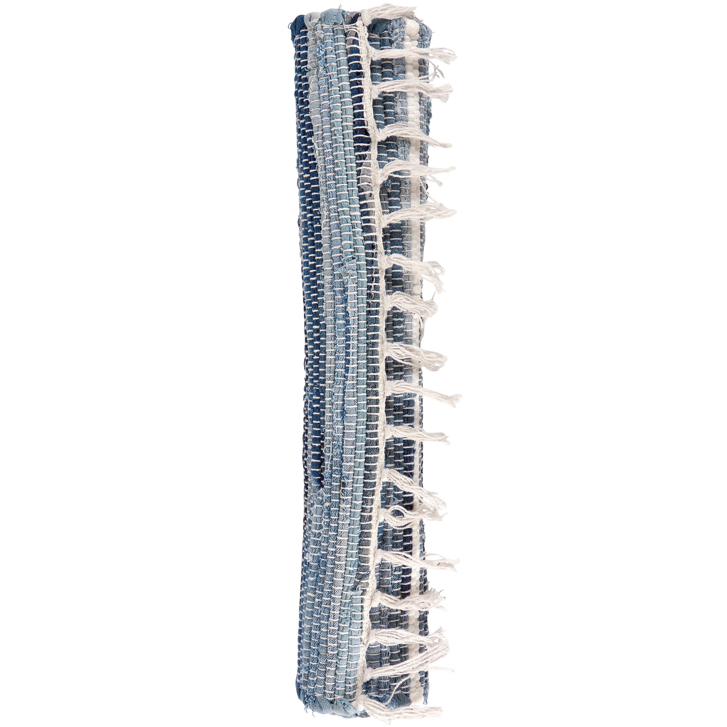 Stylish Striped Indigo Cotton Woven Area Rug with Tassels, Indoor/Outdoor, Skid-Resistant