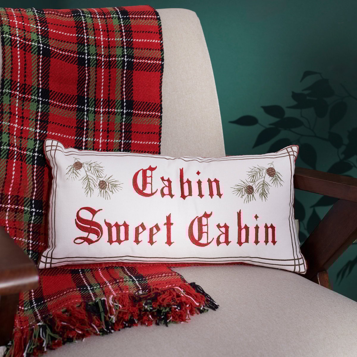 Rustic Cabin Sweet Cabin Christmas Pillow with Pine Branches Embroidery