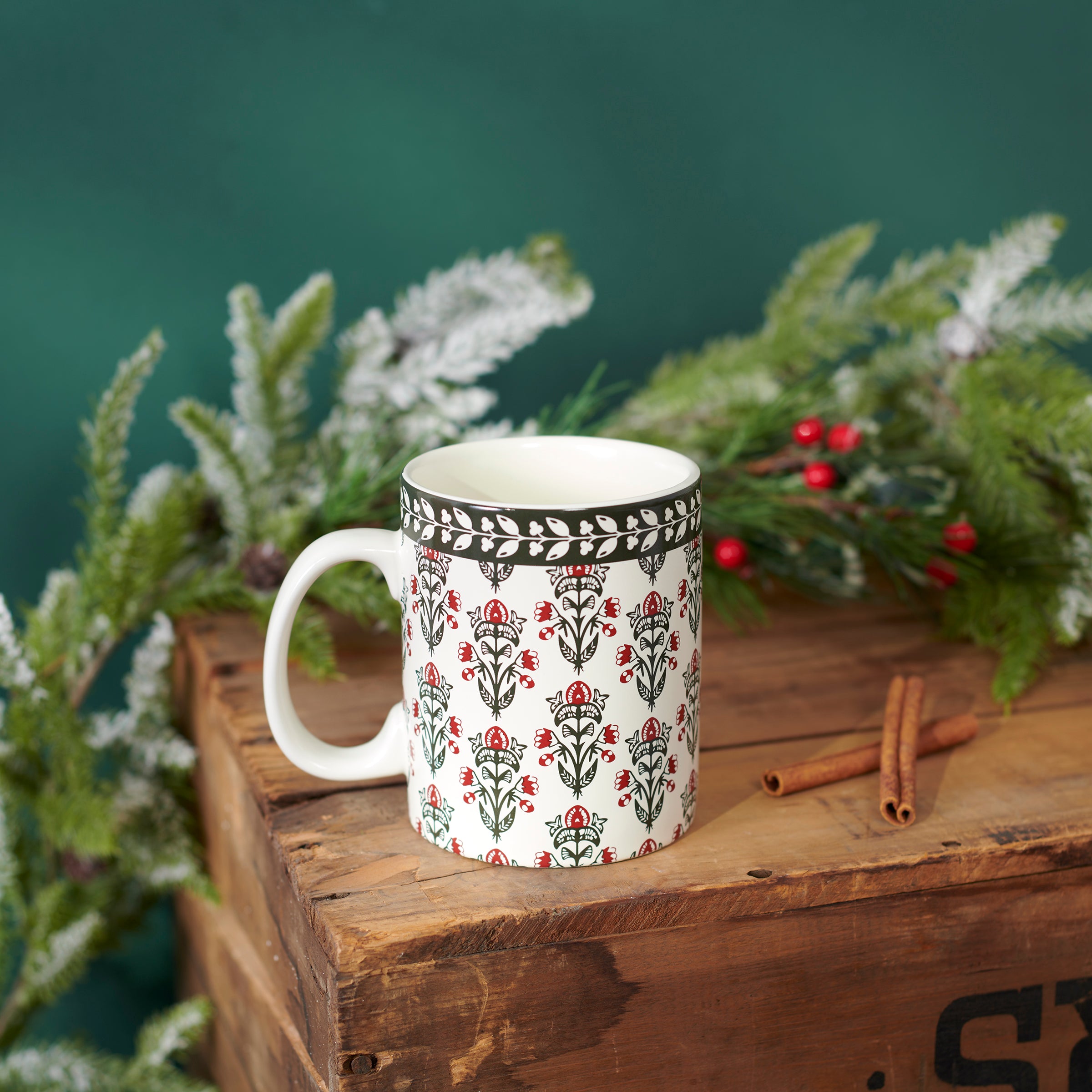 Rustic Floral Block Print Stoneware Mug - 20 oz. Microwave & Dishwasher Safe