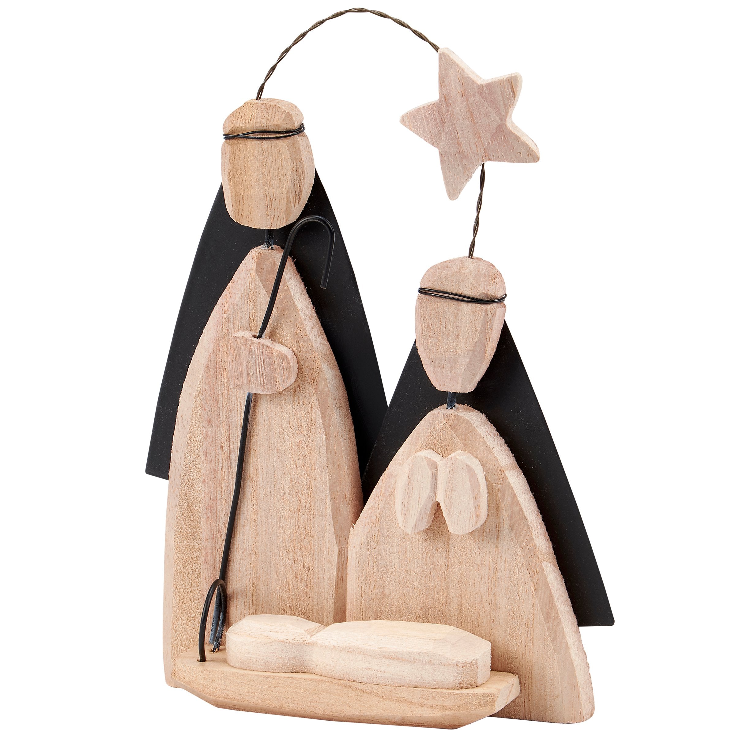 Rustic Hand Carved Holy Family Nativity Hanging Decor with Metal Accents