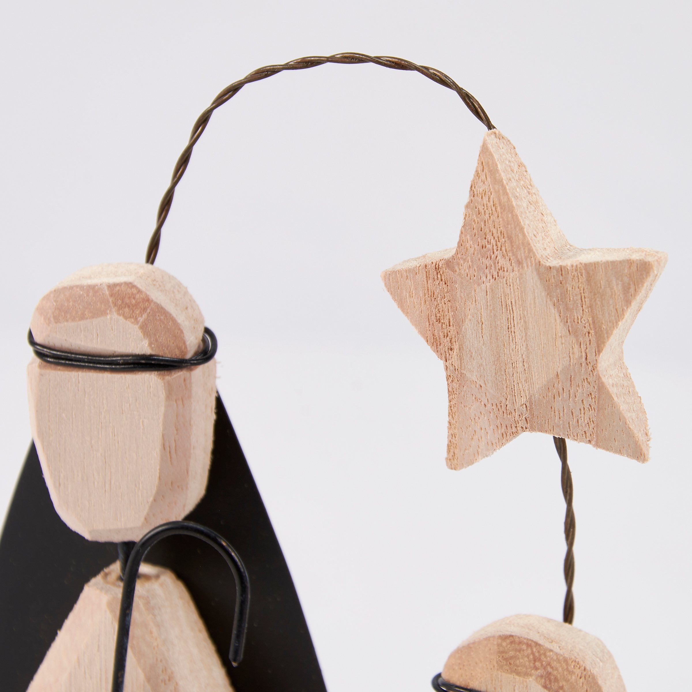 Rustic Hand Carved Holy Family Nativity Hanging Decor with Metal Accents
