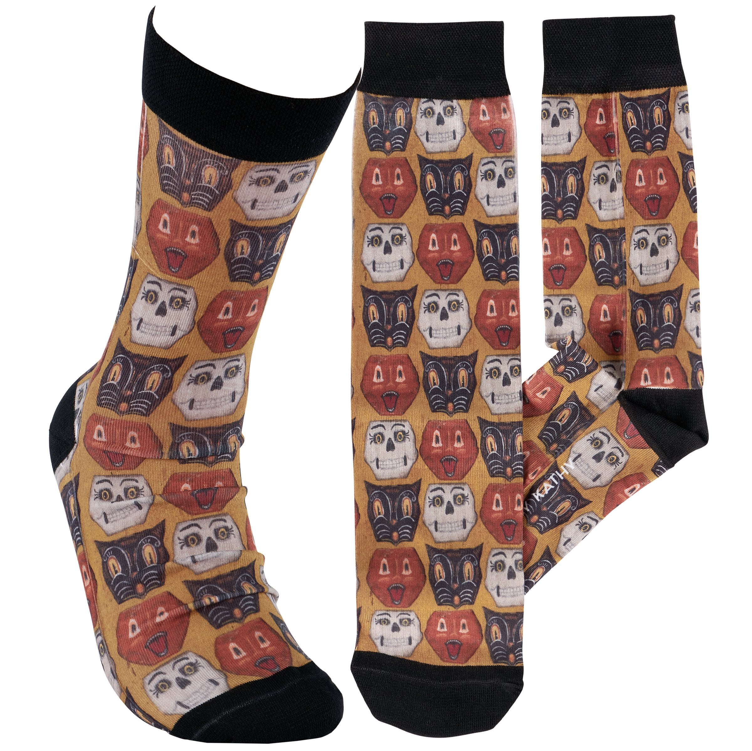 Spooky Halloween Faces Socks: Primitive Jack O'Lantern, Cat, Skeleton Pattern, One Size