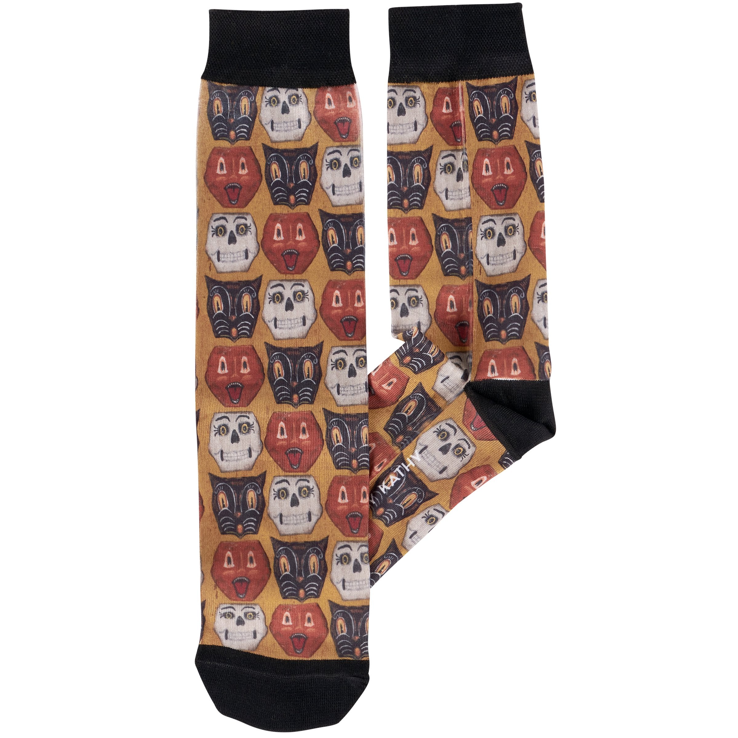 Spooky Halloween Faces Socks: Primitive Jack O'Lantern, Cat, Skeleton Pattern, One Size