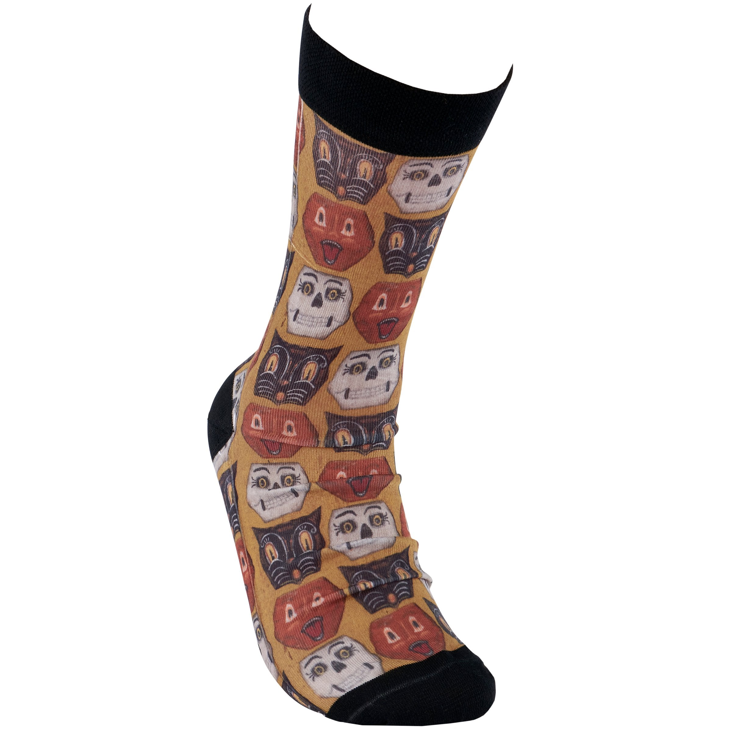 Spooky Halloween Faces Socks: Primitive Jack O'Lantern, Cat, Skeleton Pattern, One Size