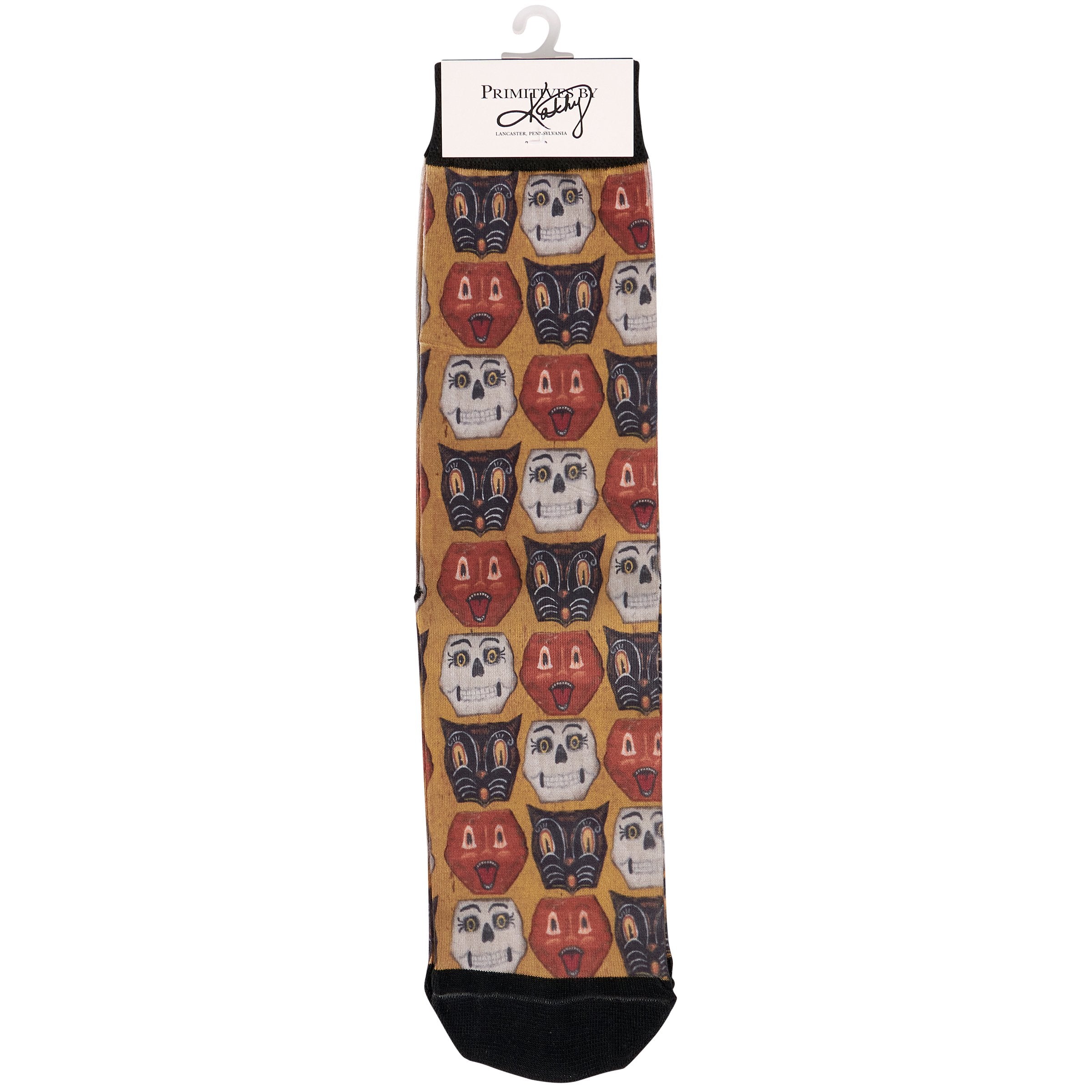 Spooky Halloween Faces Socks: Primitive Jack O'Lantern, Cat, Skeleton Pattern, One Size