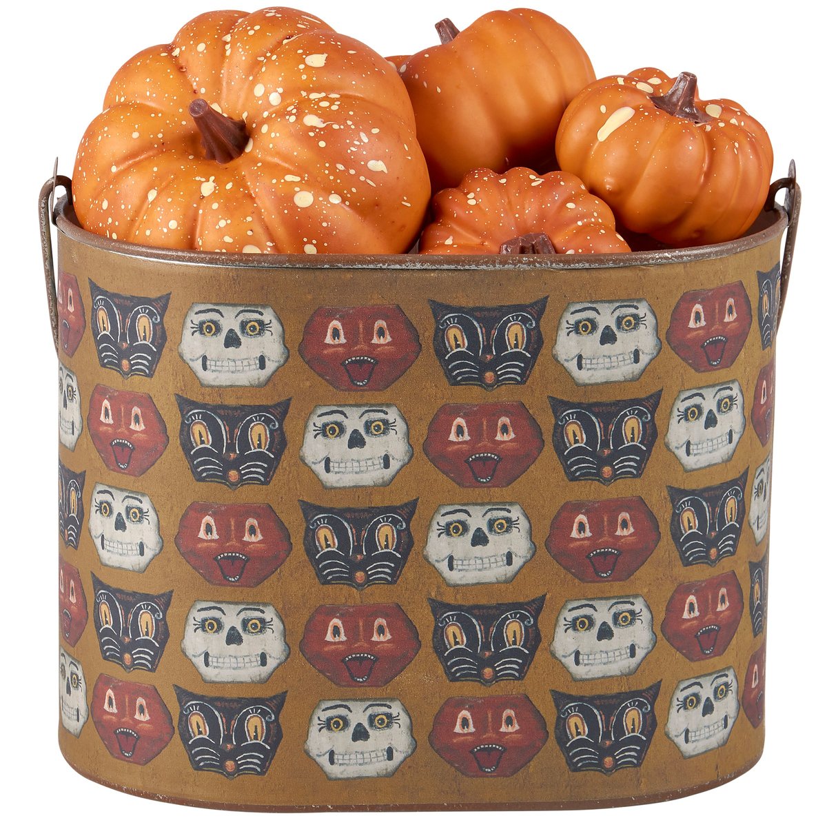 Spooky Halloween Faces Galvanized Metal Bucket - Primitive Jack O'Lantern Cat Decor