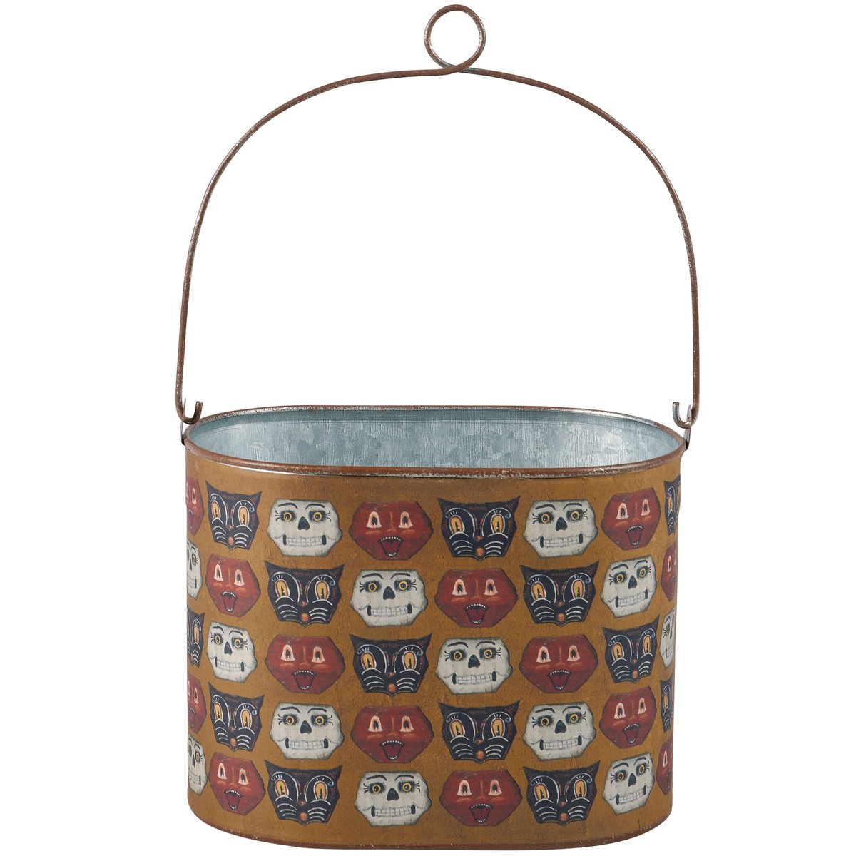 Spooky Halloween Faces Galvanized Metal Bucket - Primitive Jack O'Lantern Cat Decor
