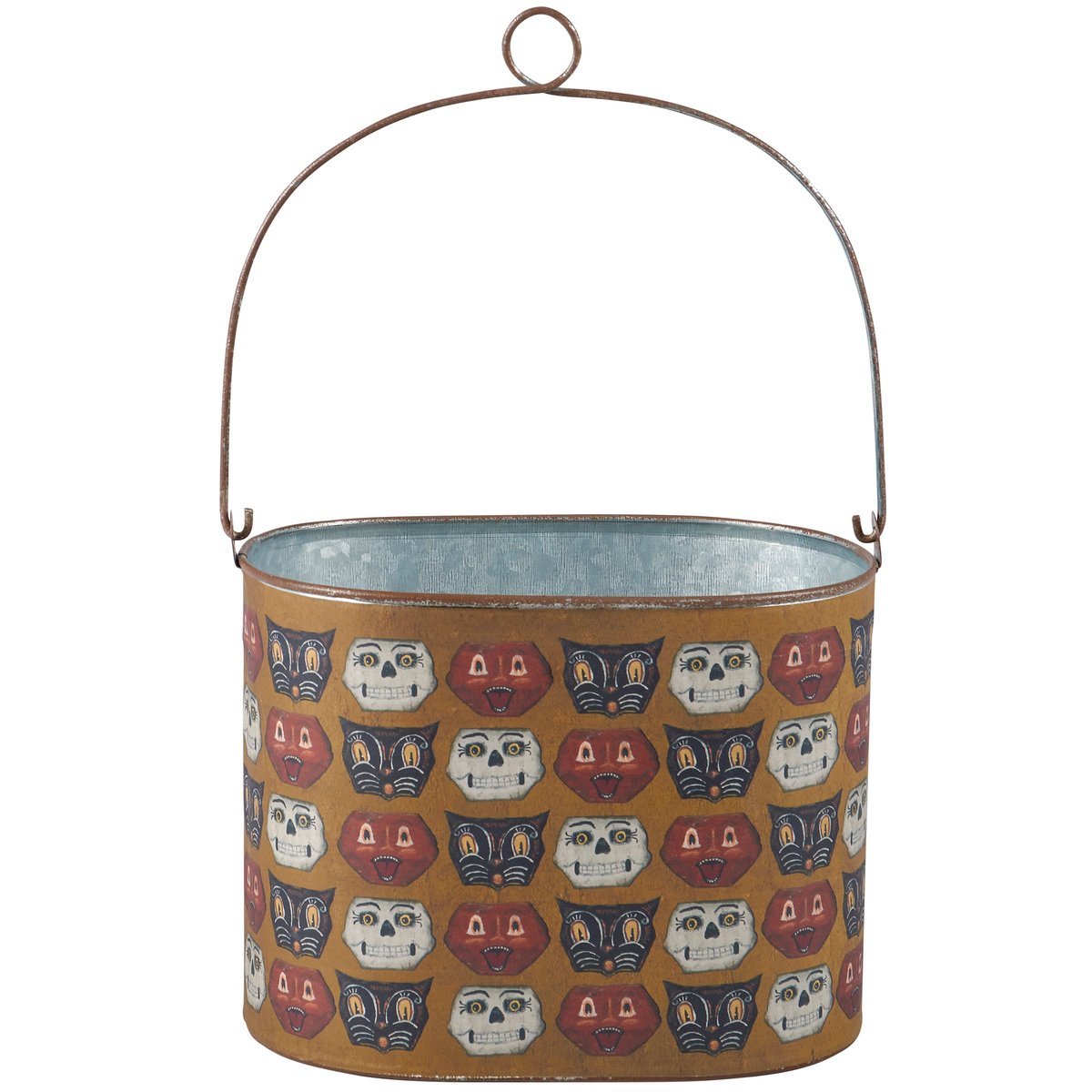 Spooky Halloween Faces Galvanized Metal Bucket - Primitive Jack O'Lantern Cat Decor