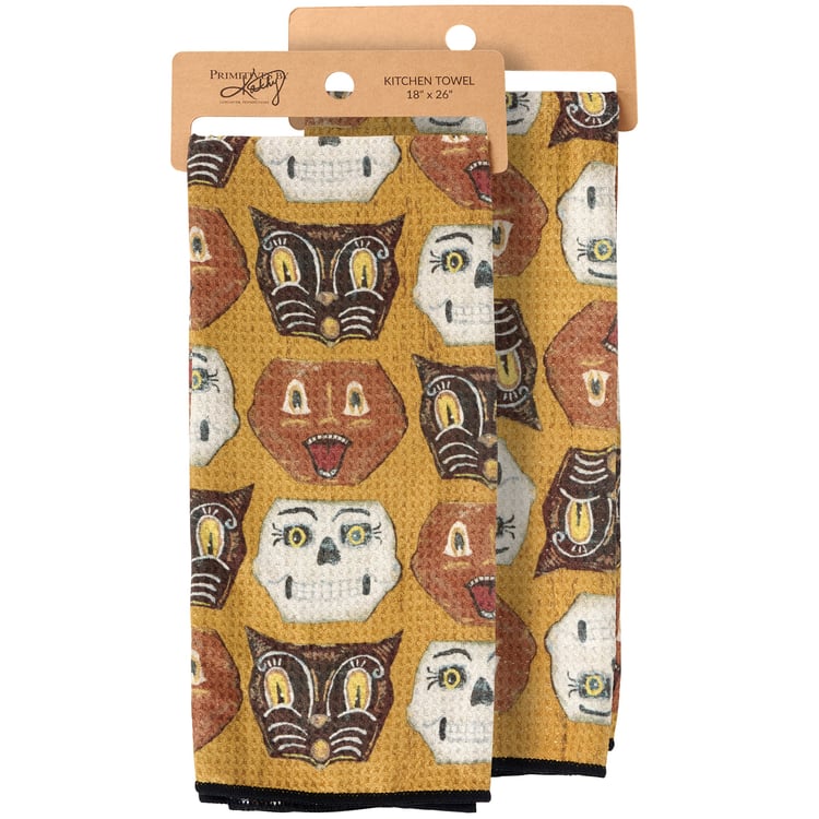 Spooky Halloween Faces Microfiber Kitchen Towel: Jack O'Lantern, Cat, Skeleton Design