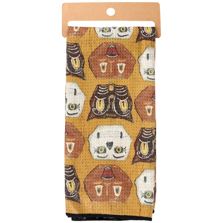 Spooky Halloween Faces Microfiber Kitchen Towel: Jack O'Lantern, Cat, Skeleton Design