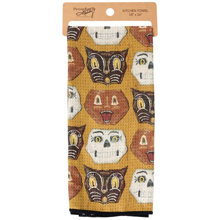 Spooky Halloween Faces Microfiber Kitchen Towel: Jack O'Lantern, Cat, Skeleton Design