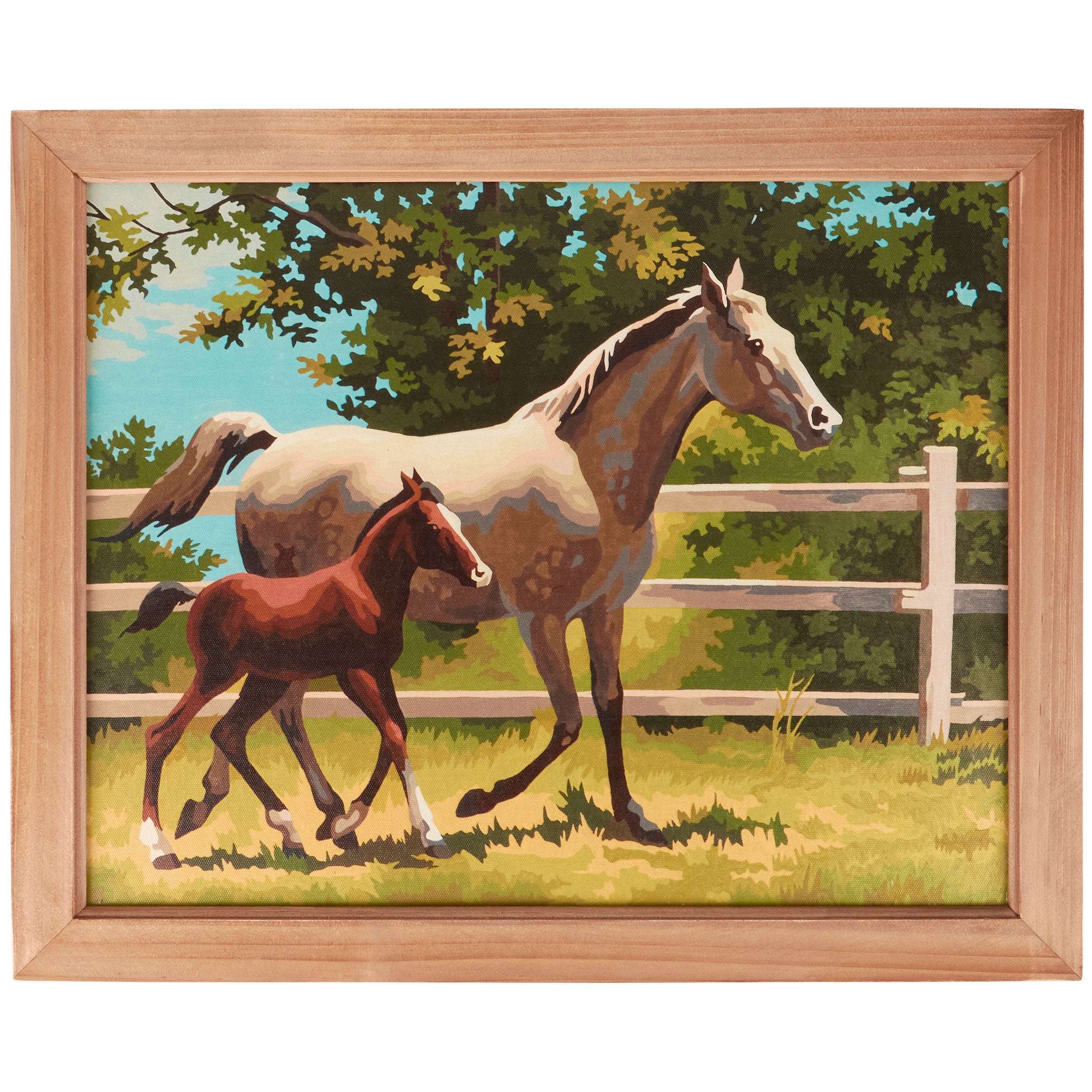 Charming Western Mare and Foal Framed Canvas Wall Art with Natural Wood