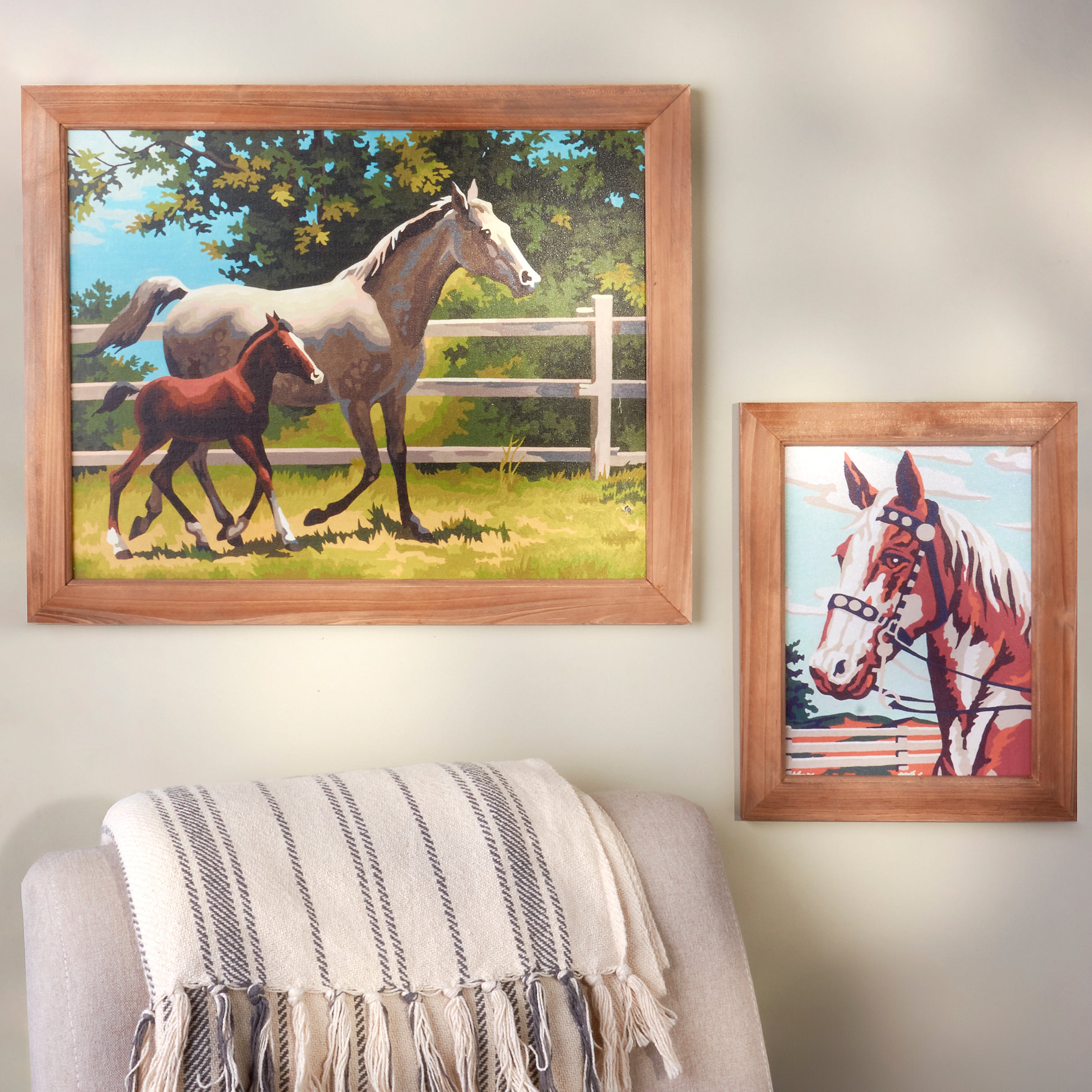 Charming Western Mare and Foal Framed Canvas Wall Art with Natural Wood