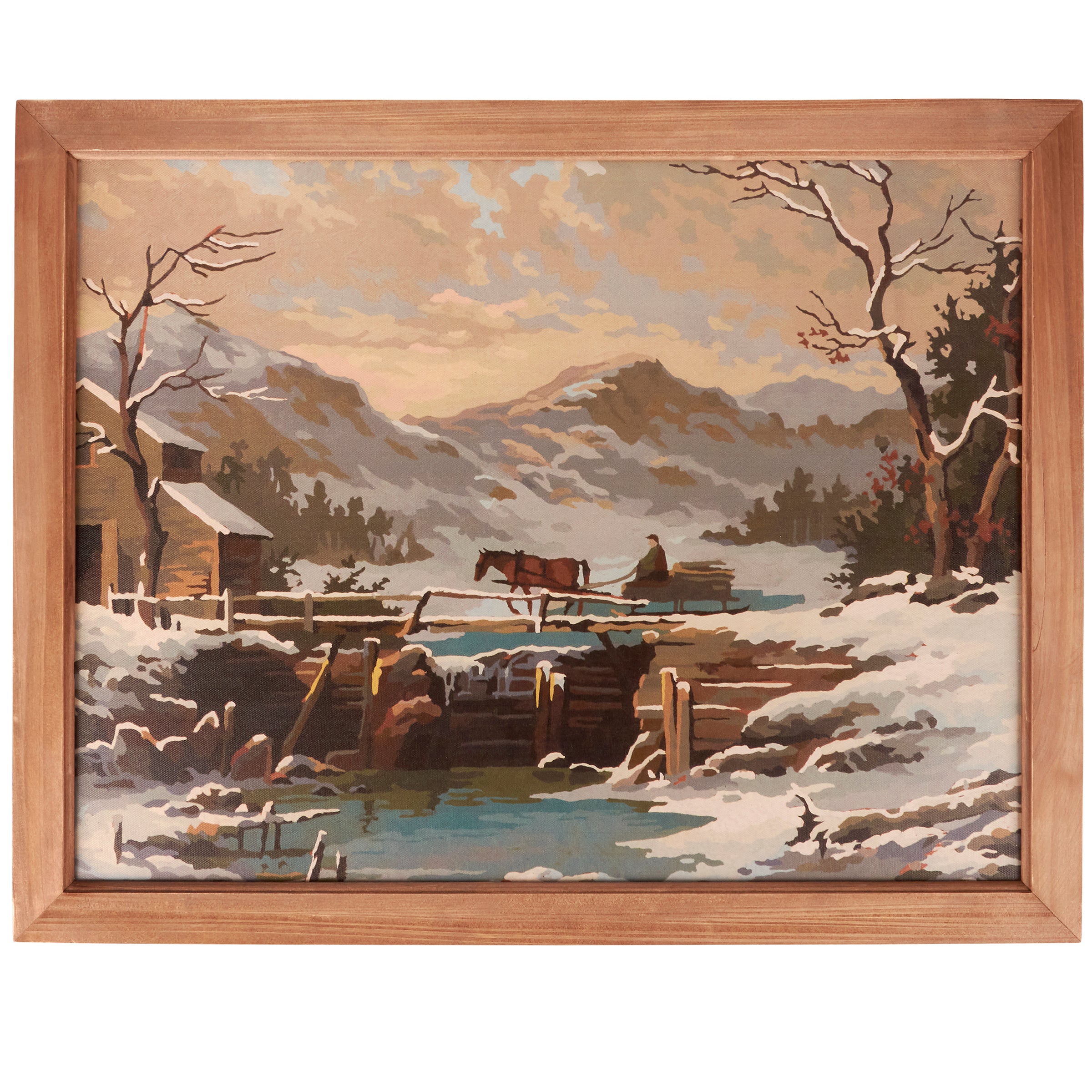 Charming Winter Farmhouse Framed Canvas Wall Art with Natural Wood Frame