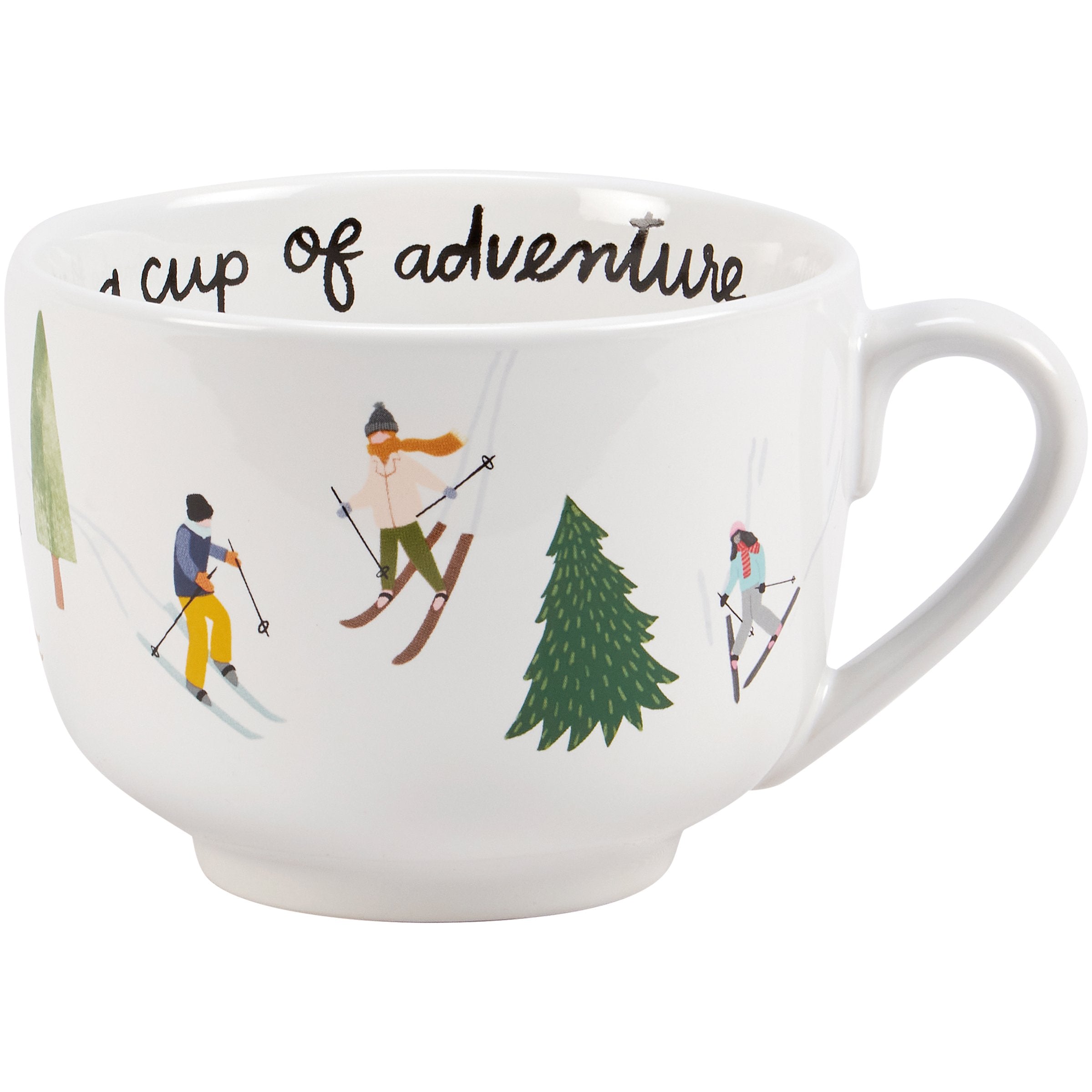 Stoneware Ski Lodge Adventure Mug with Hand-Illustrated Skiers & Trees, 20 oz.