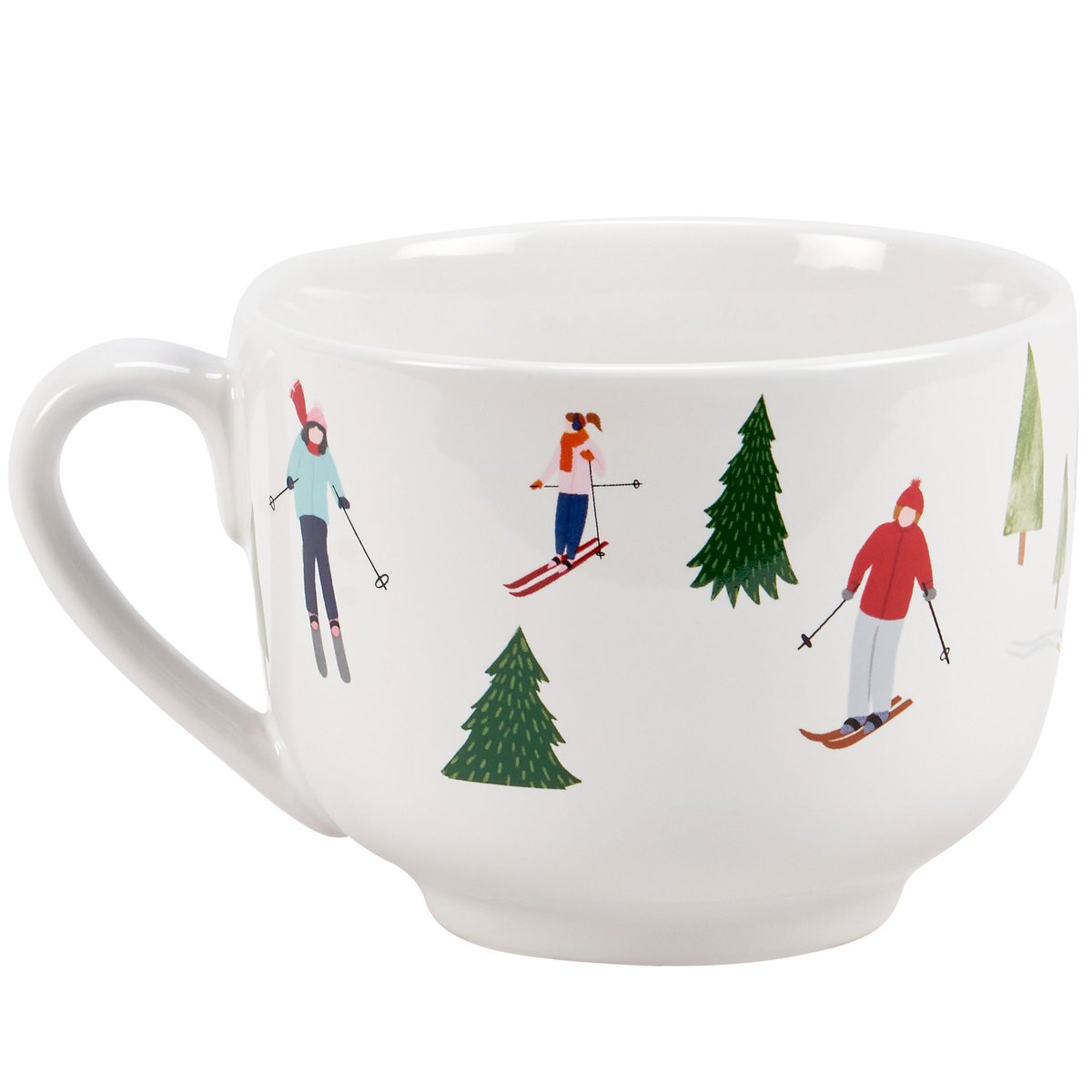 Stoneware Ski Lodge Adventure Mug with Hand-Illustrated Skiers & Trees, 20 oz.