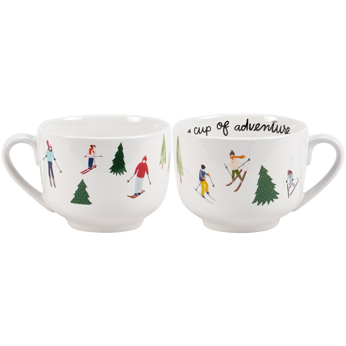 Stoneware Ski Lodge Adventure Mug with Hand-Illustrated Skiers & Trees, 20 oz.