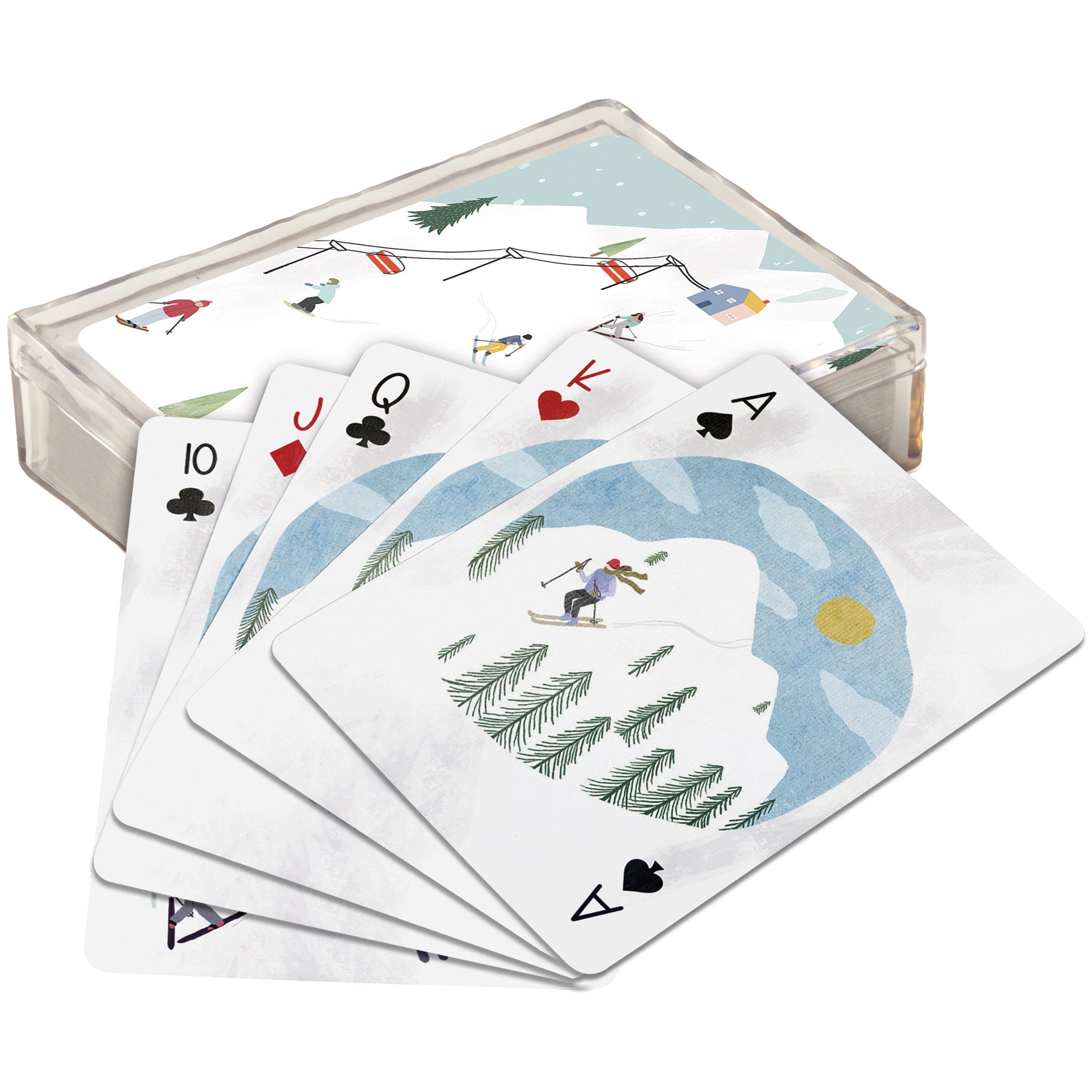 Fun Ski Lodge Themed 54-Card Deck with Hand-Illustrated Skiers & Acrylic Case